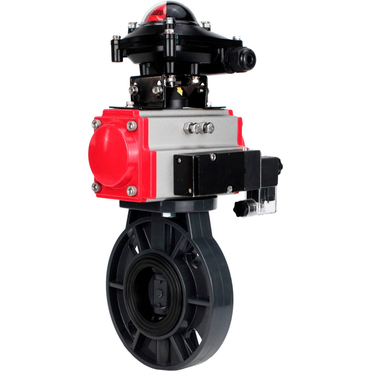 Butterfly valves Elephant WBV4242E-2W-Fb-ISO, body material - UPVC, disc material - UPVC, seal - EPDM, with pneumatic actuator double action PA-DA, pneumatic distributor 4M310-08 24V and LSU APL-210N