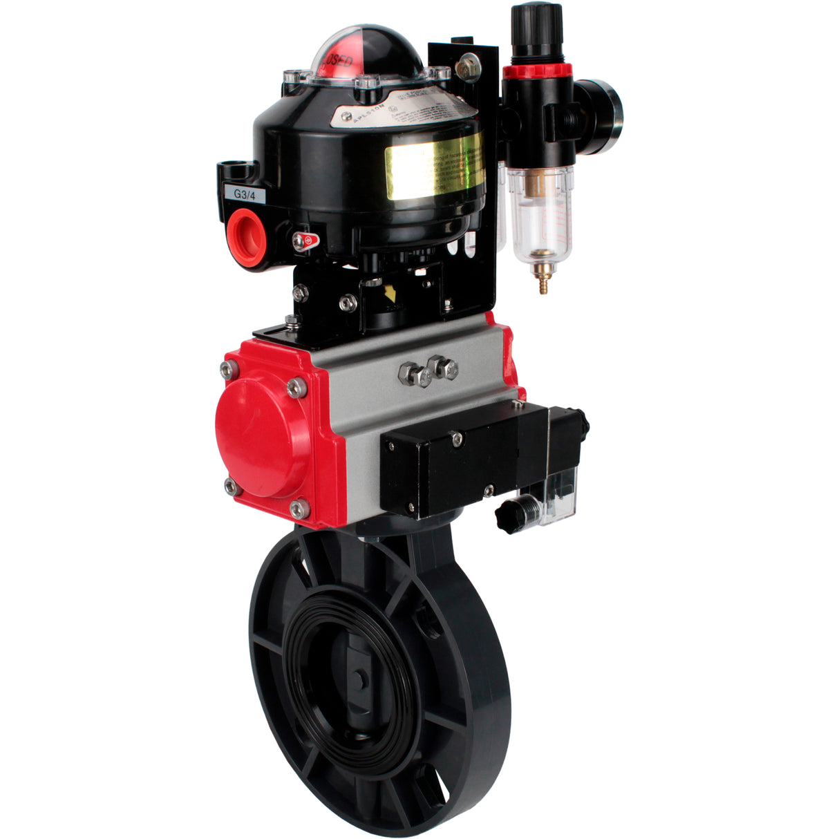 Butterfly valves Elephant WBV4242E-2W-Fb-ISO, body material - UPVC, disc material - UPVC, seal - EPDM, with pneumatic actuator double action PA-DA, pneumatic distributor 4M310-08 24V, LSU APL-510N EX and ATU AFC2000