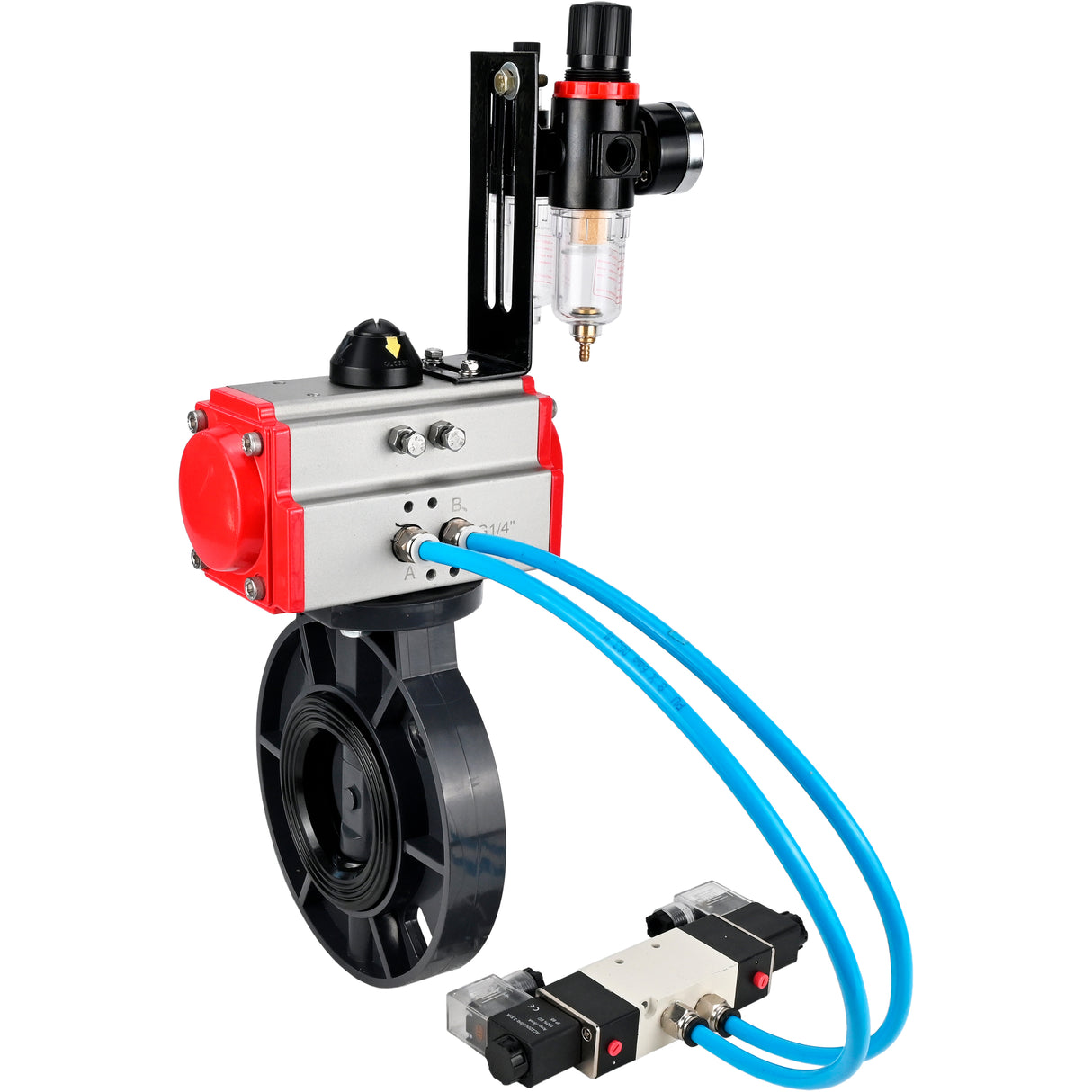 Butterfly valves Elephant WBV4242E-2W-Fb-ISO, body material - UPVC, disc material - UPVC, seal - EPDM, with pneumatic actuator double action PA-DA, pneumatic distributor 4V320-10 220V and ATU AFC2000