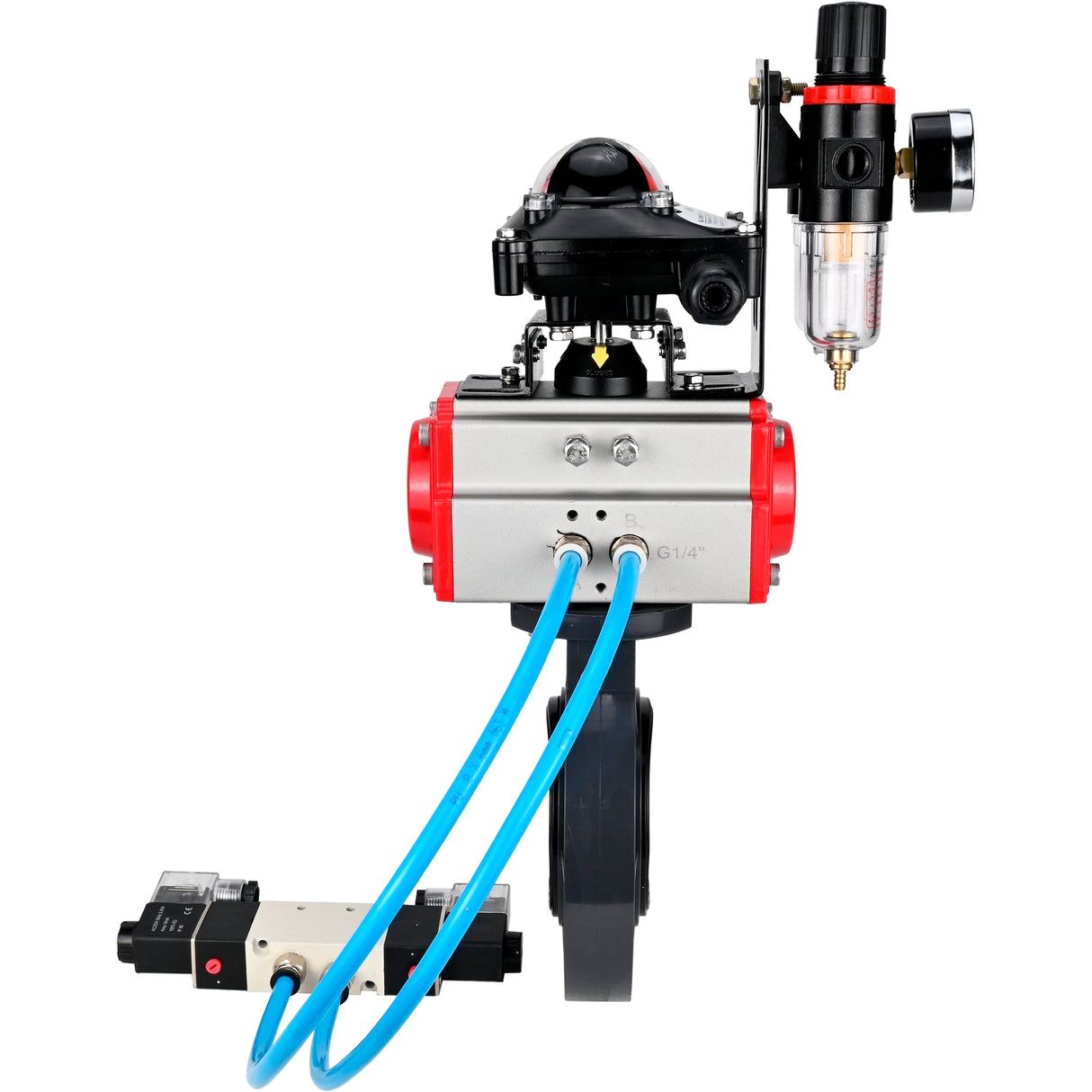 Butterfly valves Elephant WBV4242E-2W-Fb-ISO, body material - UPVC, disc material - UPVC, seal - EPDM, with pneumatic actuator double action PA-DA, pneumatic distributor 4V320-08 220V, LSU APL-210N and ATU AFC2000