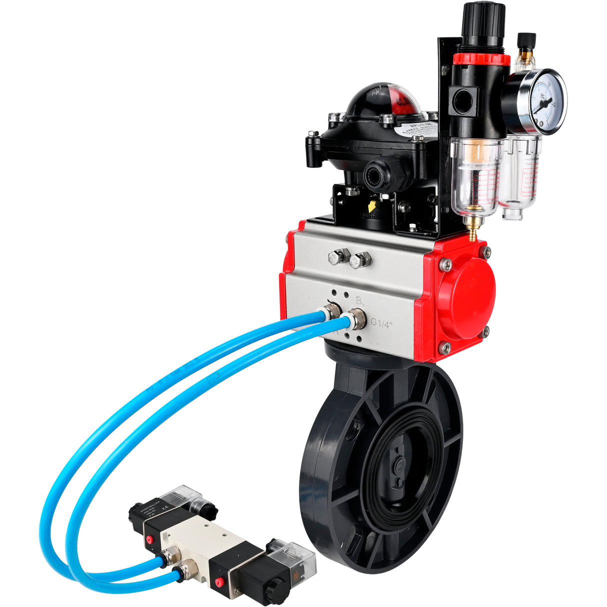 Butterfly valves Elephant WBV4242E-2W-Fb-ISO, body material - UPVC, disc material - UPVC, seal - EPDM, with pneumatic actuator double action PA-DA, pneumatic distributor 4V320-08 220V, LSU APL-210N and ATU AFC2000