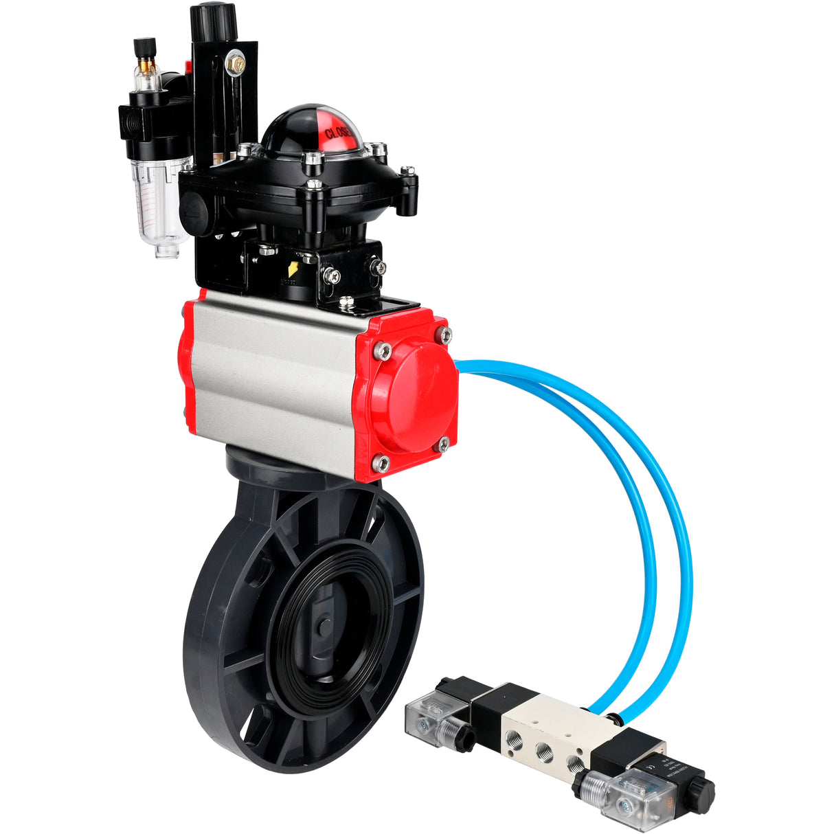 Butterfly valves Elephant WBV4242E-2W-Fb-ISO, body material - UPVC, disc material - UPVC, seal - EPDM, with pneumatic actuator double action PA-DA, pneumatic distributor 4V320-08 220V, LSU APL-210N and ATU AFC2000