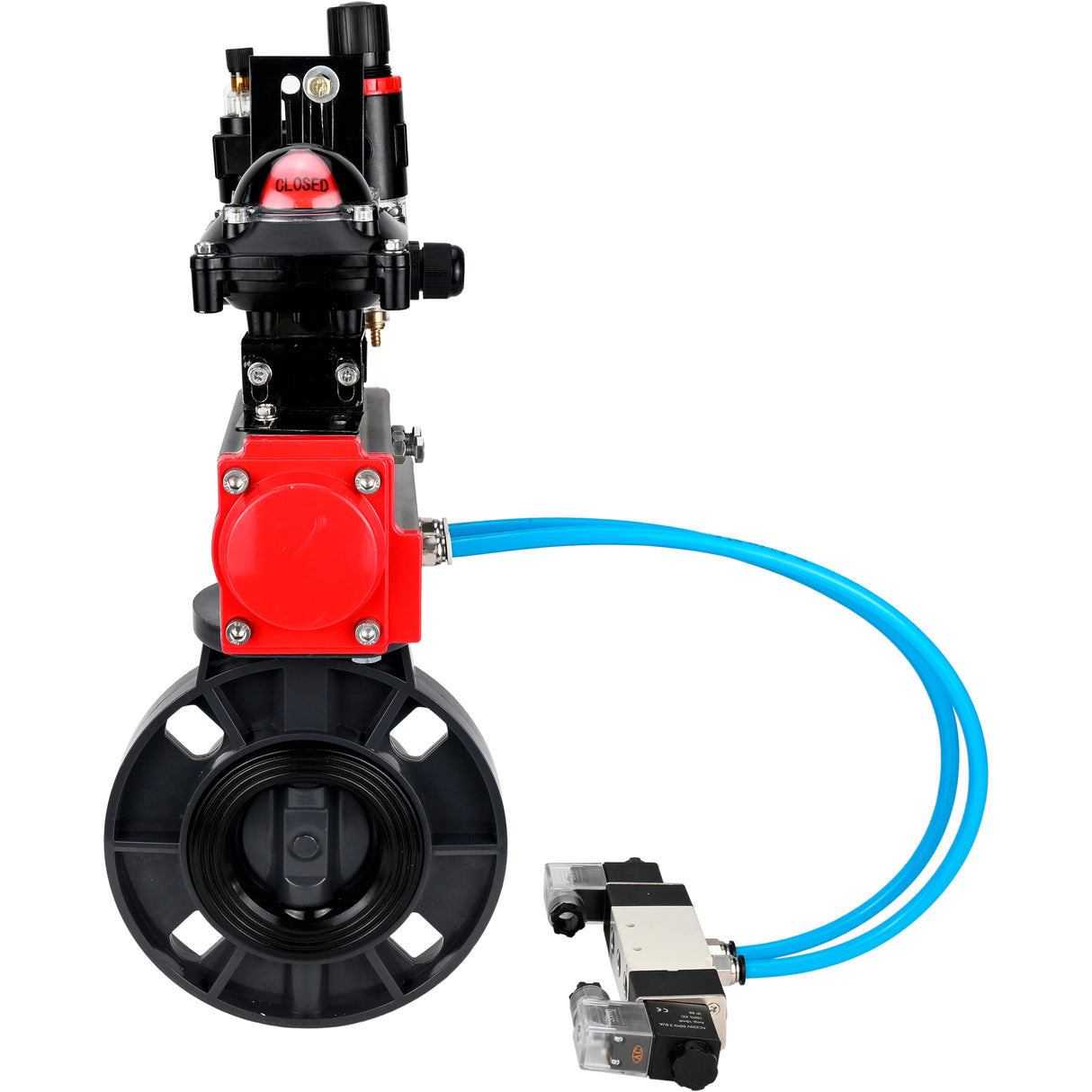 Butterfly valves Elephant WBV4242E-2W-Fb-ISO, body material - UPVC, disc material - UPVC, seal - EPDM, with pneumatic actuator double action PA-DA, pneumatic distributor 4V320-08 220V, LSU APL-210N and ATU AFC2000