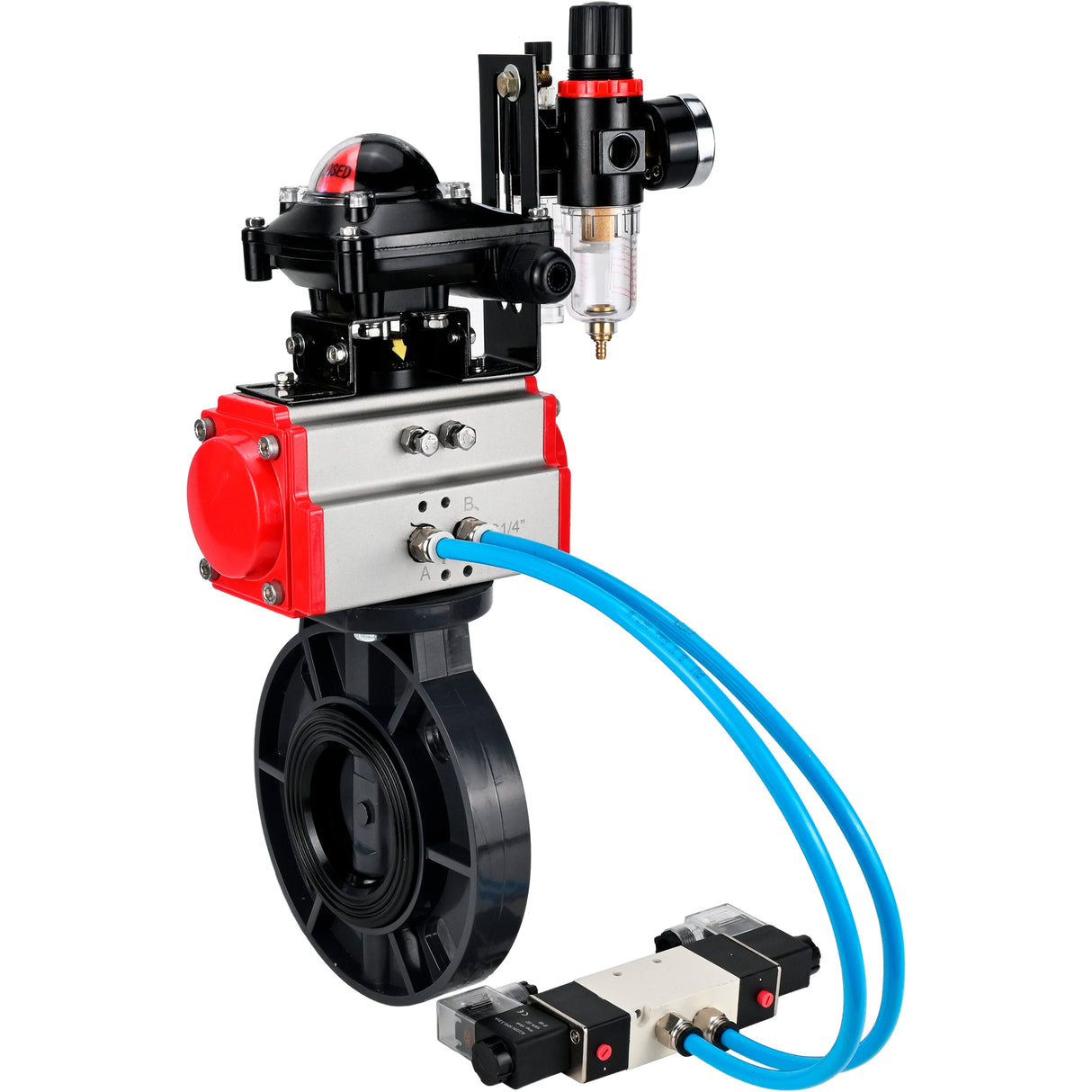 Butterfly valves Elephant WBV4242E-2W-Fb-ISO, body material - UPVC, disc material - UPVC, seal - EPDM, with pneumatic actuator double action PA-DA, pneumatic distributor 4V320-10 220V, LSU APL-210N and ATU AFC2000
