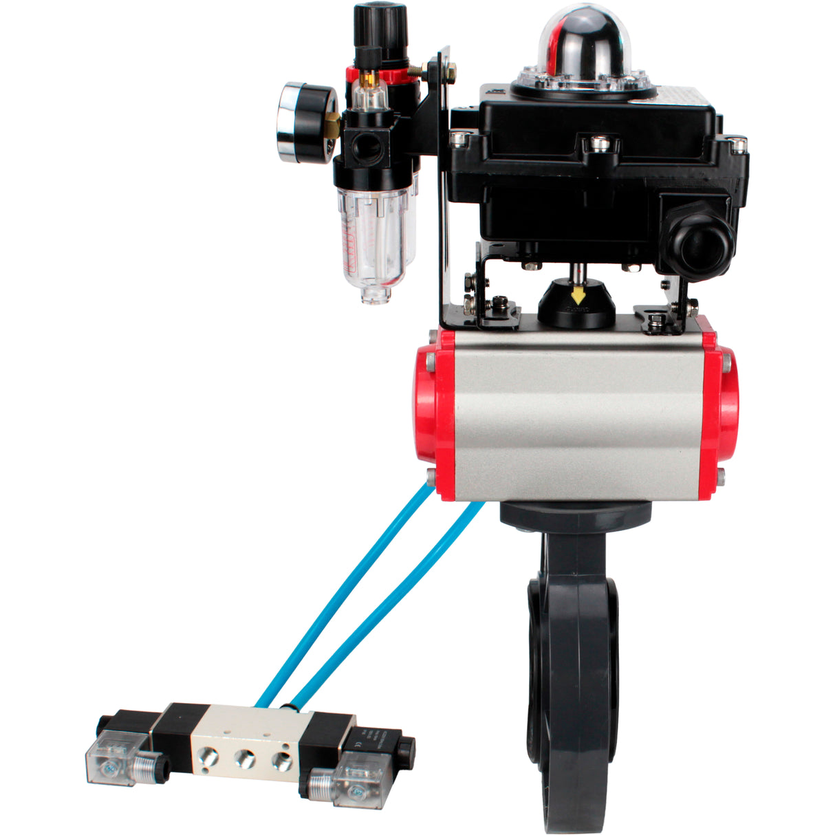 Butterfly valves Elephant WBV4242E-2W-Fb-ISO, body material - UPVC, disc material - UPVC, seal - EPDM, with pneumatic actuator double action PA-DA, pneumatic distributor 4V320-08 220V, LSU APL-410N EX and ATU AFC2000