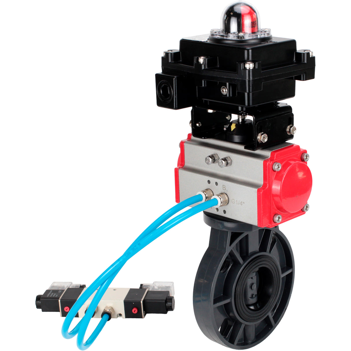Butterfly valves Elephant WBV4242E-2W-Fb-ISO, body material - UPVC, disc material - UPVC, seal - EPDM, with pneumatic actuator double action PA-DA, pneumatic distributor 4V320-10 220V and LSU APL-410N EX