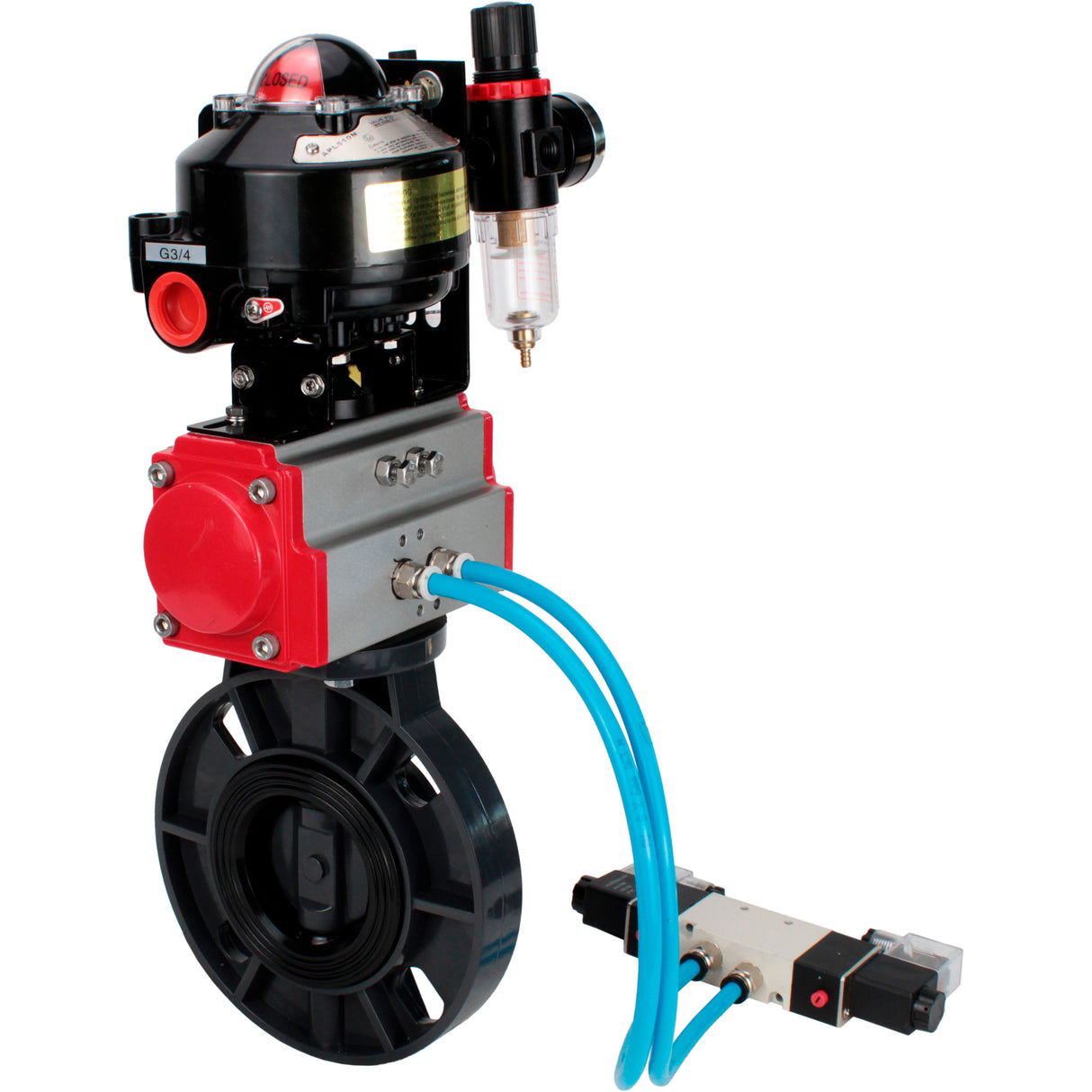 Butterfly valves Elephant WBV4242E-2W-Fb-ISO, body material - UPVC, disc material - UPVC, seal - EPDM, with pneumatic actuator double action PA-DA, pneumatic distributor 4V320-08 220V, LSU APL-510N EX and ATU AFC2000