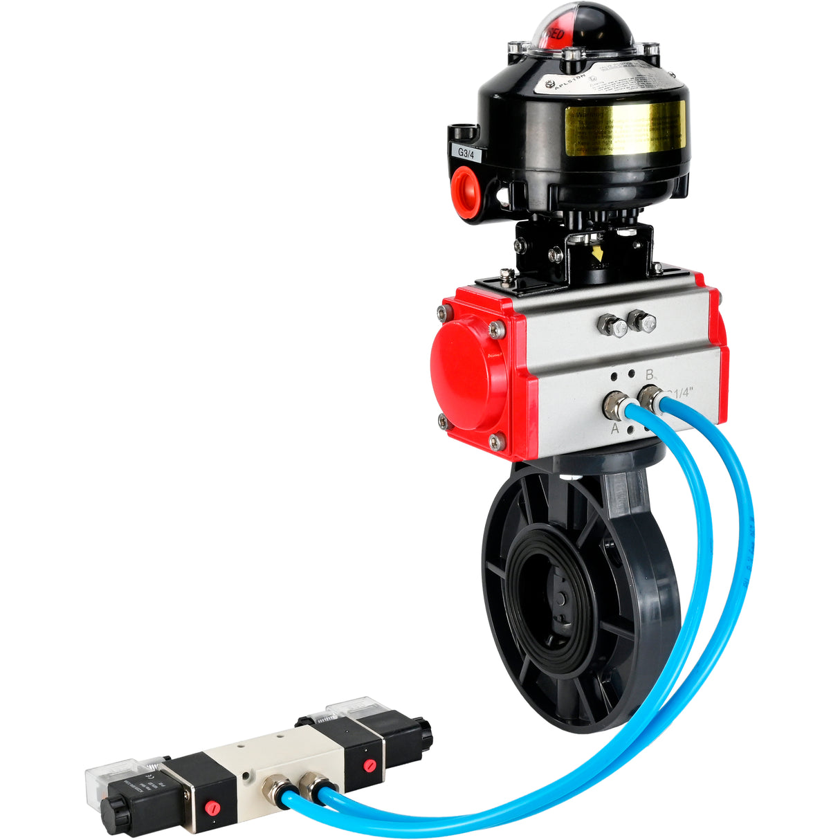 Butterfly valves Elephant WBV4242E-2W-Fb-ISO, body material - UPVC, disc material - UPVC, seal - EPDM, with pneumatic actuator double action PA-DA, pneumatic distributor 4V320-10 220V and LSU APL-510N EX