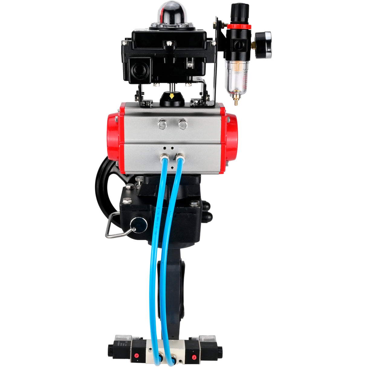 Butterfly valves Elephant WBV4242E-2W-Fb-ISO, body material - UPVC, disc material - UPVC, seal - EPDM, with pneumatic actuator double action PA-DA, pneumatic distributor 4V320-10 220V, LSU APL-410N EX, ATU AFC2000 and handwheel MON