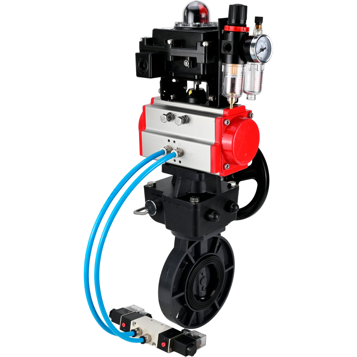 Butterfly valves Elephant WBV4242E-2W-Fb-ISO, body material - UPVC, disc material - UPVC, seal - EPDM, with pneumatic actuator double action PA-DA, pneumatic distributor 4V320-10 220V, LSU APL-410N EX, ATU AFC2000 and handwheel MON