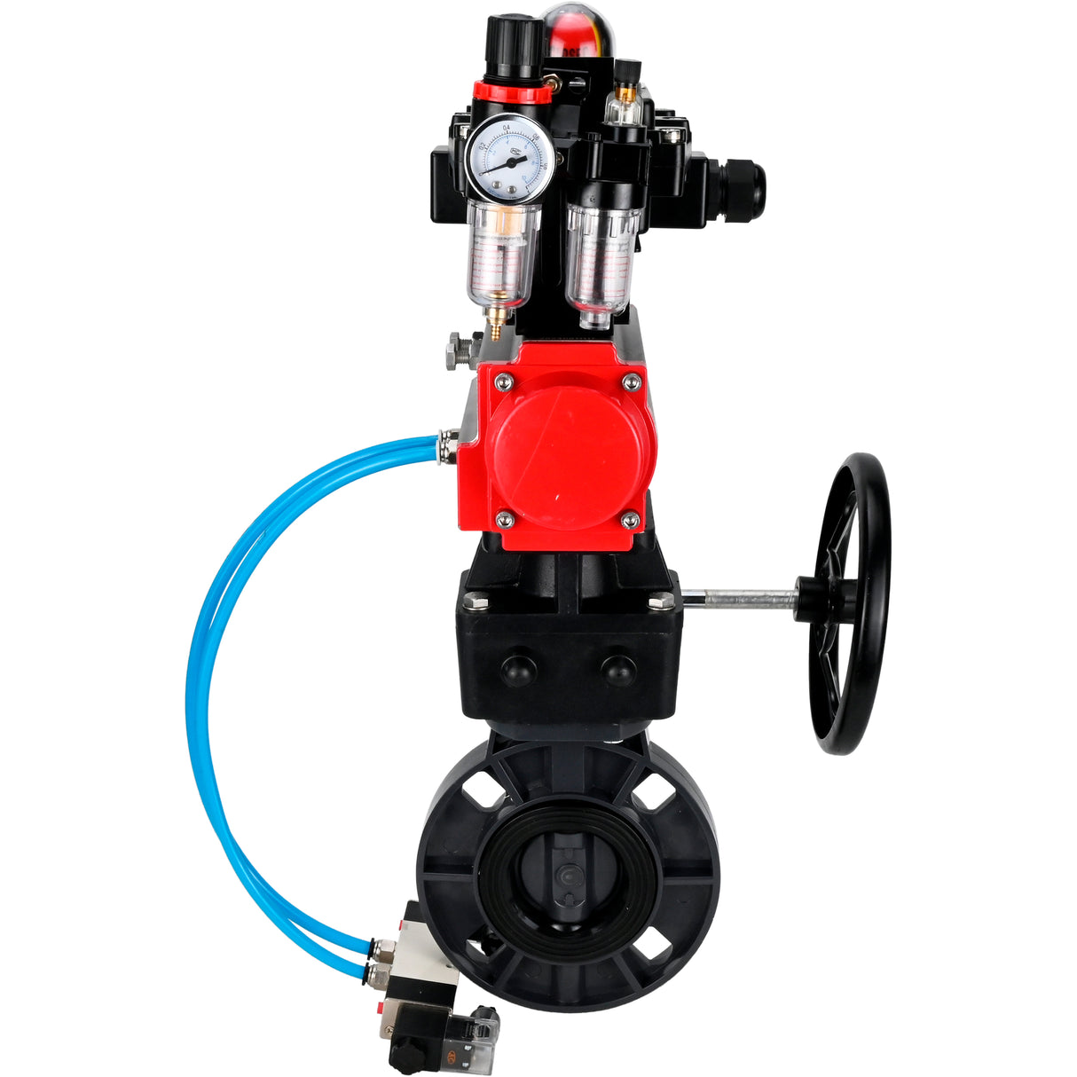 Butterfly valves Elephant WBV4242E-2W-Fb-ISO, body material - UPVC, disc material - UPVC, seal - EPDM, with pneumatic actuator double action PA-DA, pneumatic distributor 4V320-10 220V, LSU APL-410N EX, ATU AFC2000 and handwheel MON