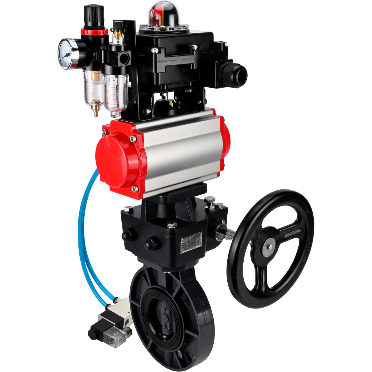 Butterfly valves Elephant WBV4242E-2W-Fb-ISO, body material - UPVC, disc material - UPVC, seal - EPDM, with pneumatic actuator double action PA-DA, pneumatic distributor 4V320-10 220V, LSU APL-410N EX, ATU AFC2000 and handwheel MON