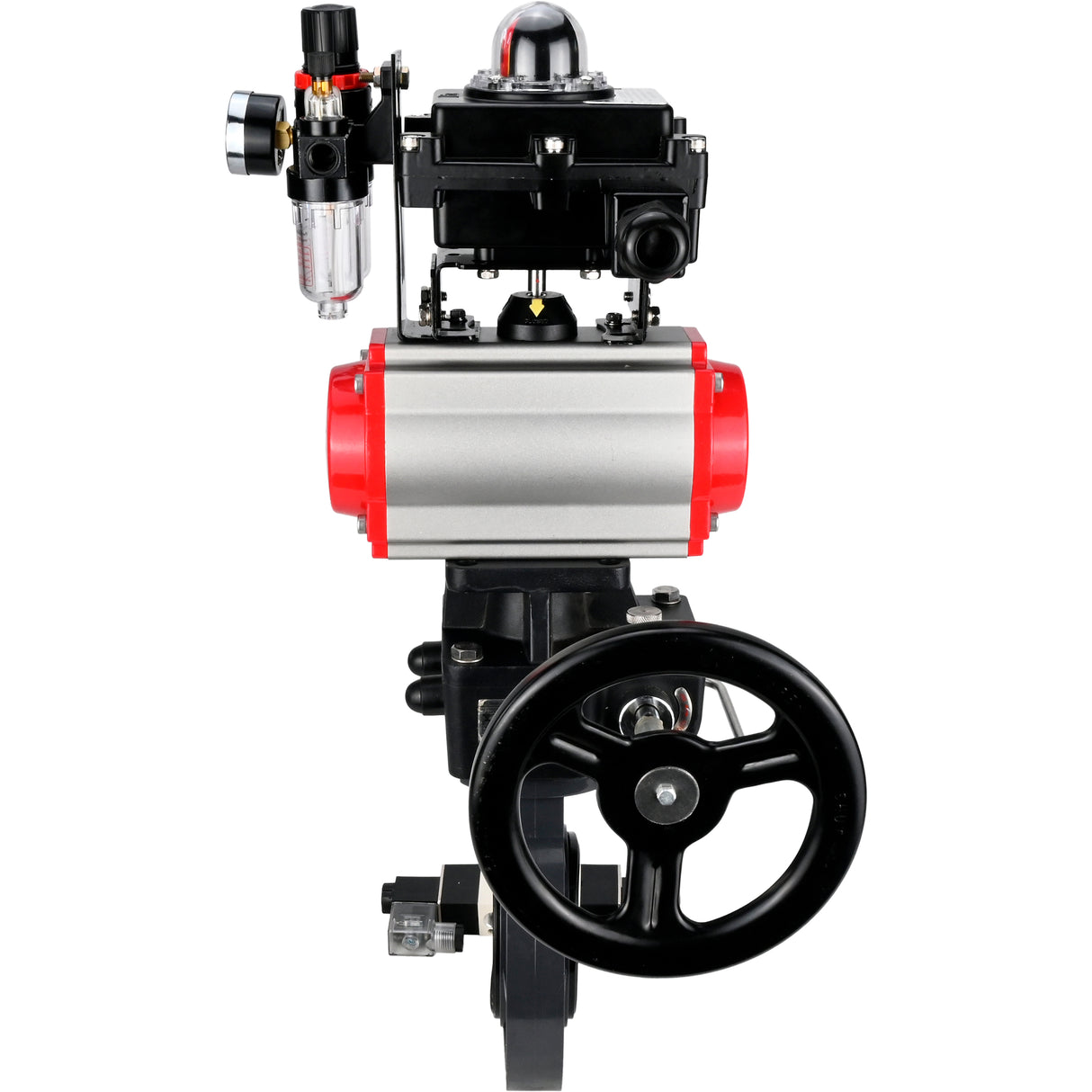 Butterfly valves Elephant WBV4242E-2W-Fb-ISO, body material - UPVC, disc material - UPVC, seal - EPDM, with pneumatic actuator double action PA-DA, pneumatic distributor 4V320-10 220V, LSU APL-410N EX, ATU AFC2000 and handwheel MON