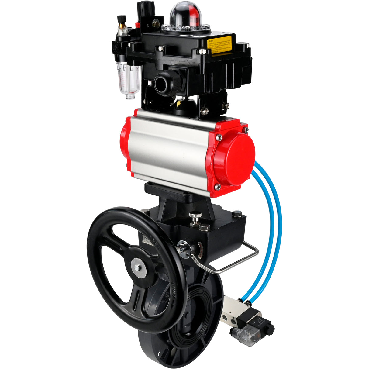 Butterfly valves Elephant WBV4242E-2W-Fb-ISO, body material - UPVC, disc material - UPVC, seal - EPDM, with pneumatic actuator double action PA-DA, pneumatic distributor 4V320-10 220V, LSU APL-410N EX, ATU AFC2000 and handwheel MON