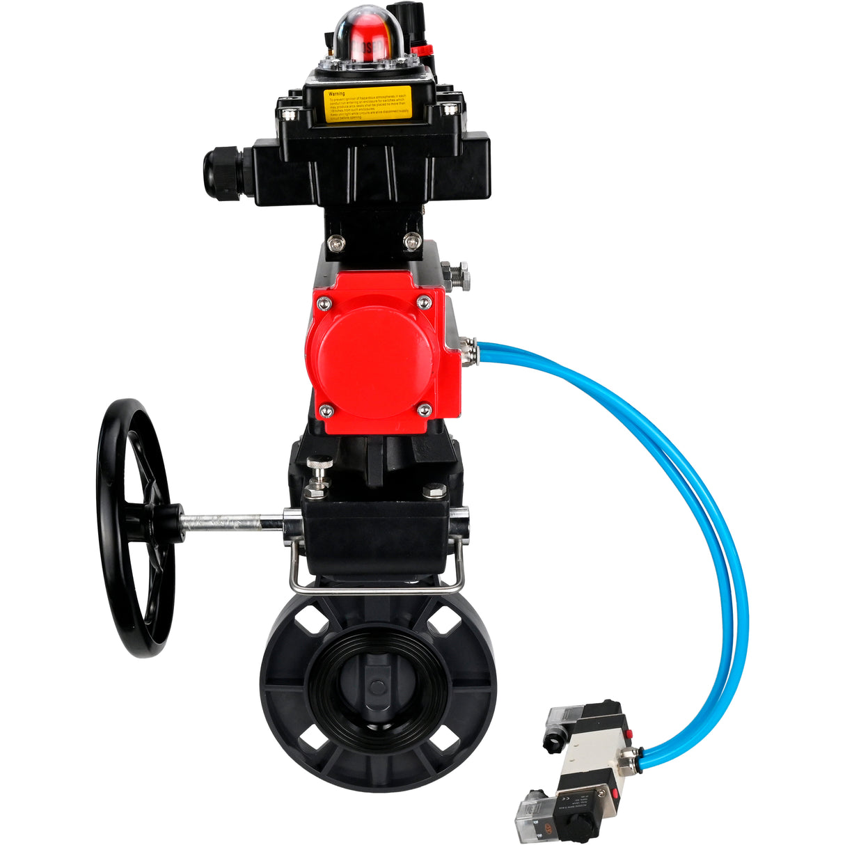 Butterfly valves Elephant WBV4242E-2W-Fb-ISO, body material - UPVC, disc material - UPVC, seal - EPDM, with pneumatic actuator double action PA-DA, pneumatic distributor 4V320-10 220V, LSU APL-410N EX, ATU AFC2000 and handwheel MON