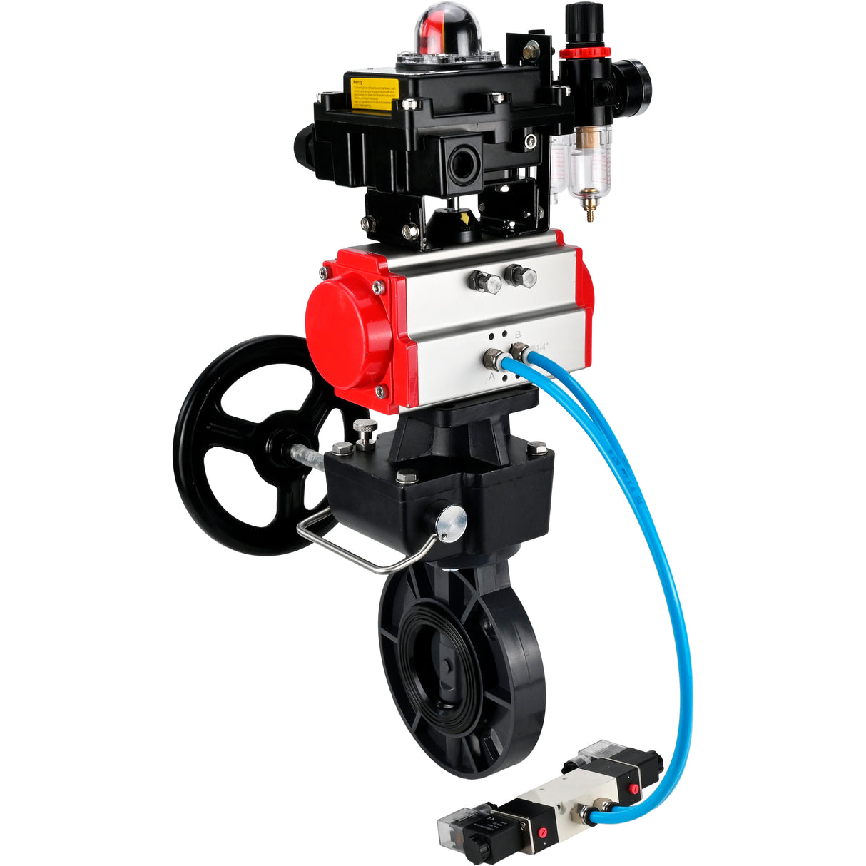 Butterfly valves Elephant WBV4242E-2W-Fb-ISO, body material - UPVC, disc material - UPVC, seal - EPDM, with pneumatic actuator double action PA-DA, pneumatic distributor 4V320-08 220V, LSU APL-410N EX, ATU AFC2000 and handwheel MON