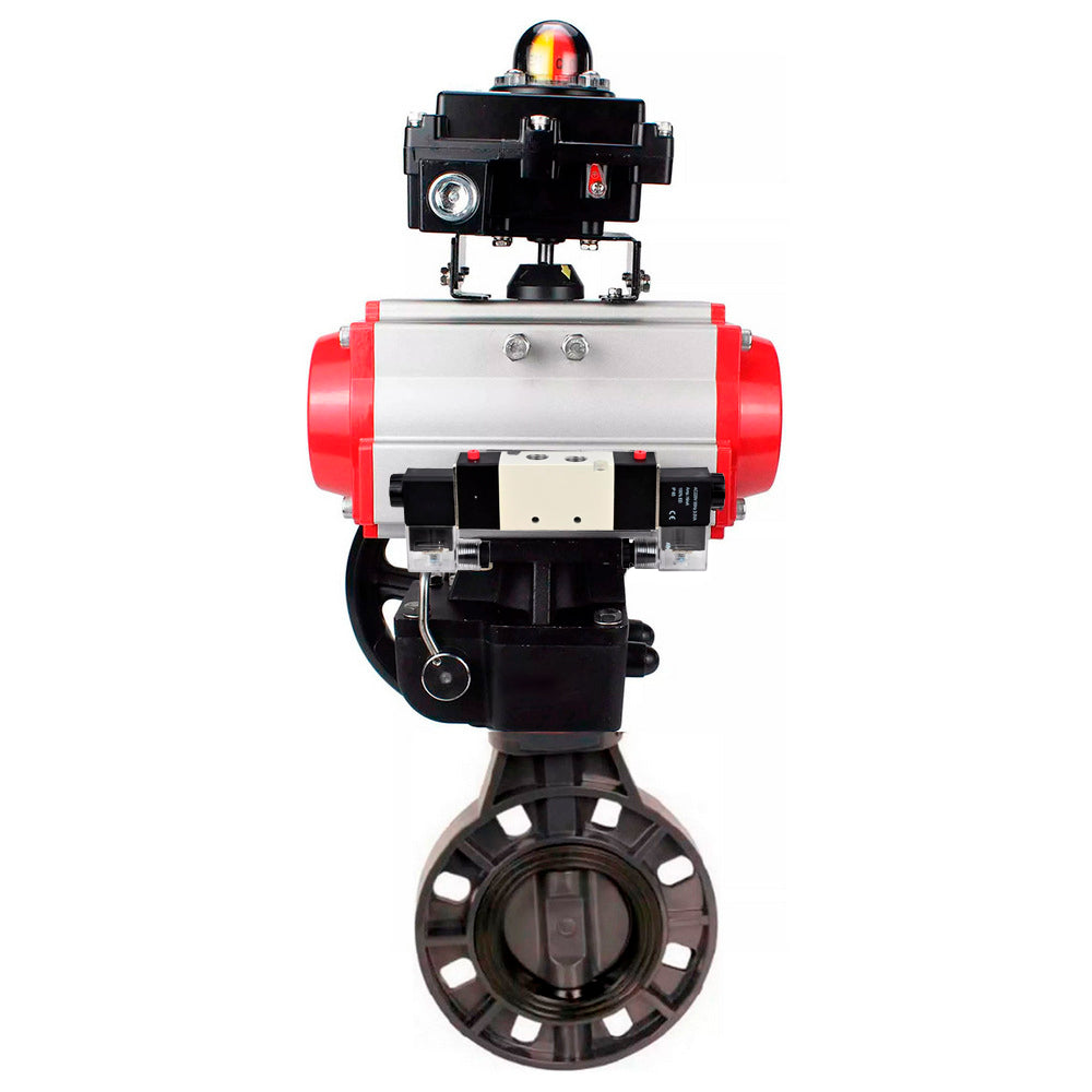 Butterfly valves Elephant WBV4242E-2W-Fb-ISO, body material - UPVC, disc material - UPVC, seal - EPDM, with pneumatic actuator double action PA-DA, pneumatic distributor 4V320-10 220V, LSU APL-510N EX and handwheel MON