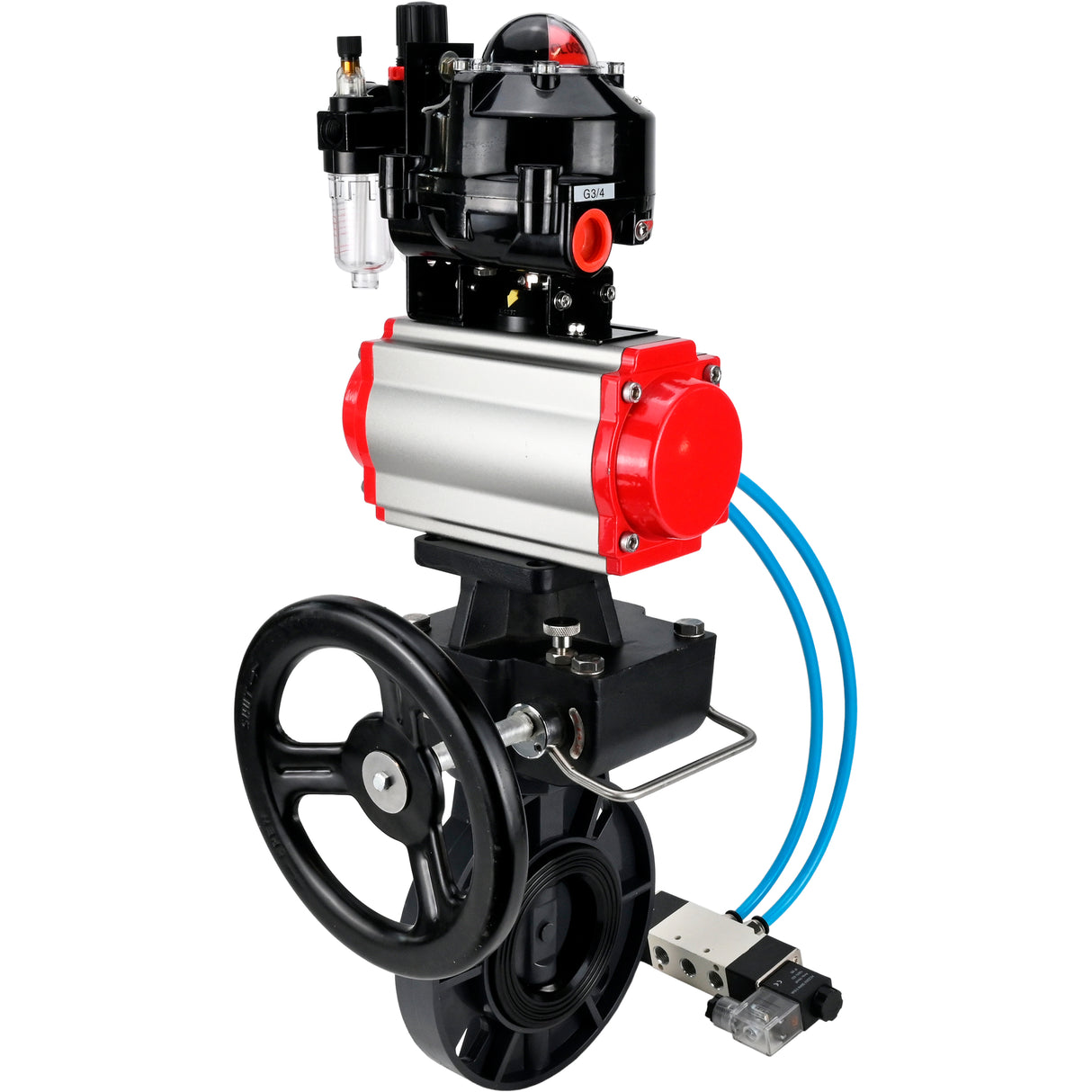 Butterfly valves Elephant WBV4242E-2W-Fb-ISO, body material - UPVC, disc material - UPVC, seal - EPDM, with pneumatic actuator double action PA-DA, pneumatic distributor 4V320-10 220V, LSU APL-510N EX, ATU AFC2000 and handwheel MON