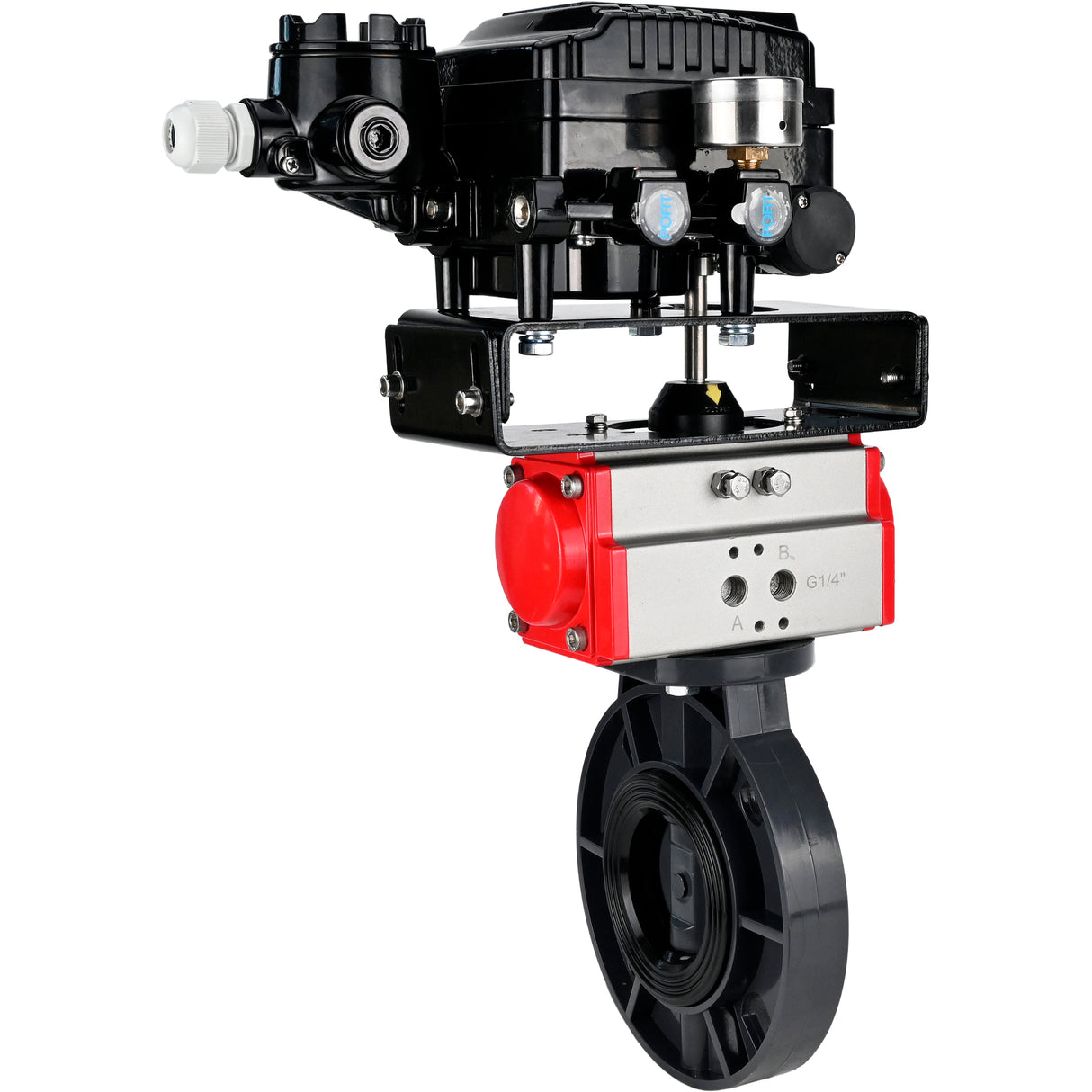 Butterfly valves Elephant WBV4242E-2W-Fb-ISO, body material - UPVC, disc material - UPVC, seal - EPDM, with pneumatic actuator double action PA-DA and electro-pneumatic rotary positioner YT-1000RSN without feedback
