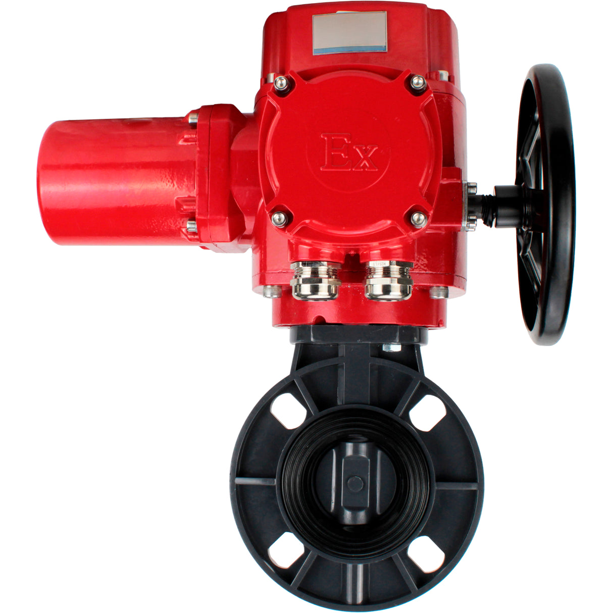 Butterfly valves Elephant WBV4242E-2W-Fb-ISO, body material - UPVC, disc material - UPVC, seal - EPDM, with explosion-proof quarter-turn actuator QT-EX-M-O2-380VAC-U1, torque clutch and handwheel