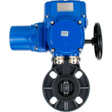 Butterfly valves Elephant WBV4242E-2W-Fb-ISO, body material - UPVC, disc material - UPVC, seal - EPDM, with quarter-turn actuator QT-N-M-O2-220VAC-U1, torque clutch and handwheel