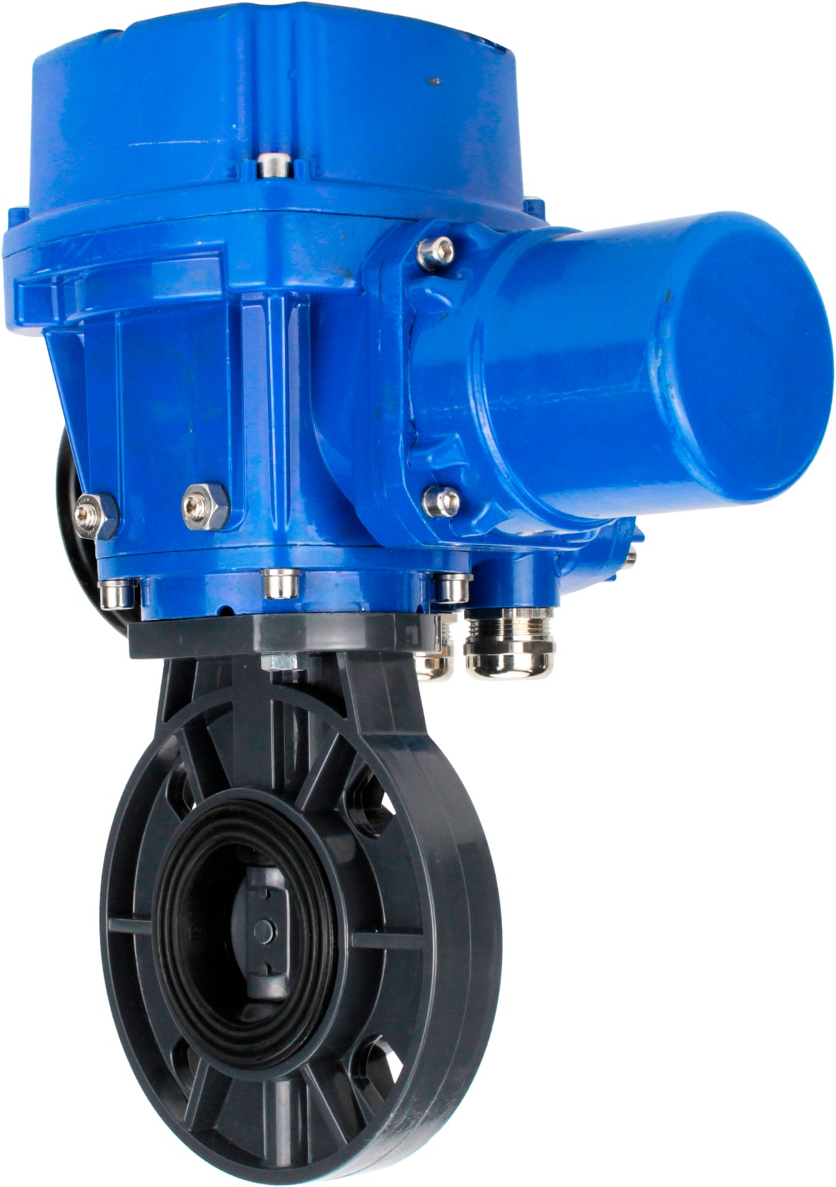 Butterfly valves Elephant WBV4242E-2W-Fb-ISO, body material - UPVC, disc material - UPVC, seal - EPDM, with quarter-turn actuator QT-N-M-O2-220VAC-U1, torque clutch and handwheel