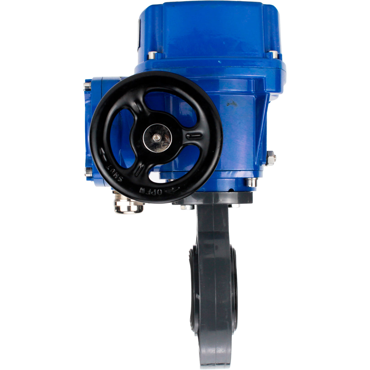 Butterfly valves Elephant WBV4242E-2W-Fb-ISO, body material - UPVC, disc material - UPVC, seal - EPDM, with quarter-turn actuator QT-N-M-O2-220VAC-U1, torque clutch and handwheel