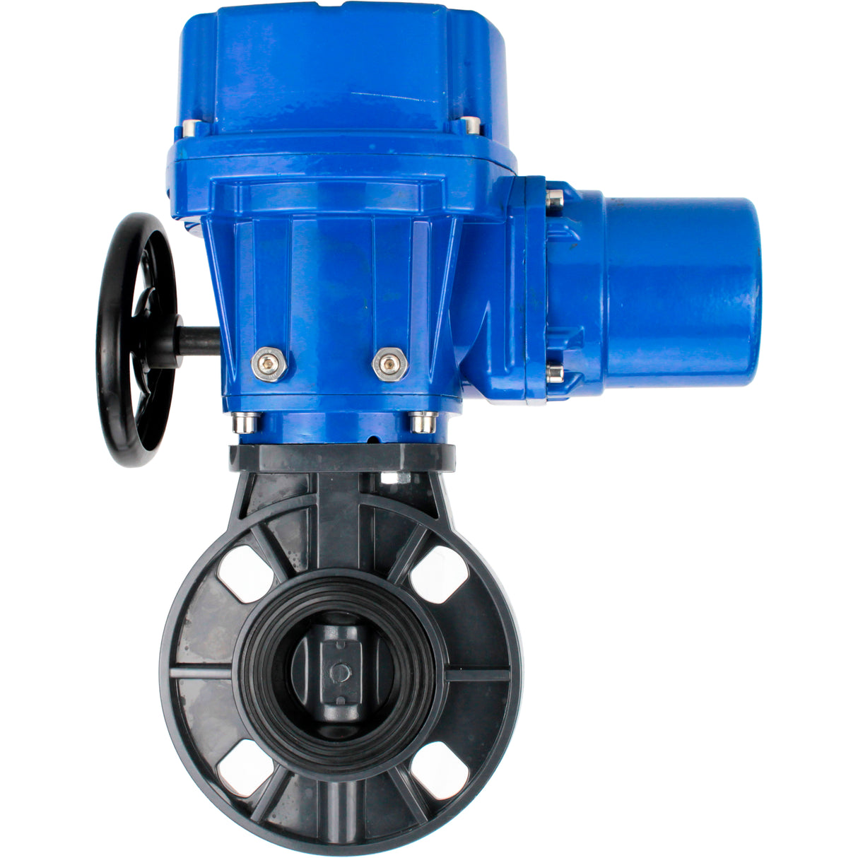 Butterfly valves Elephant WBV4242E-2W-Fb-ISO, body material - UPVC, disc material - UPVC, seal - EPDM, with quarter-turn actuator QT-N-M-O2-220VAC-U1, torque clutch and handwheel