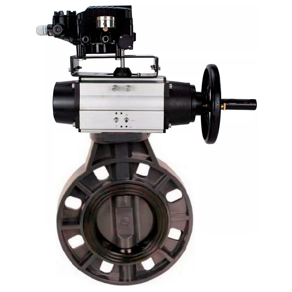 Butterfly valves Elephant WBV4242E-2W-Fb-ISO, body material - UPVC, disc material - UPVC, seal - EPDM, with pneumatic actuator double action PA-DA-105-1 and electro-pneumatic rotary positioner YT-1000RSN with feedback