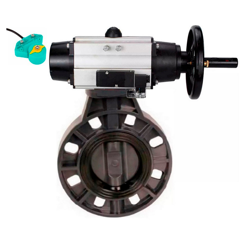 Butterfly valves Elephant WBV4242E-2W-Fb-ISO, body material - UPVC, disc material - UPVC, seal - EPDM, with pneumatic actuator double action PA-DA-105-1, pneumatic distributor 4M310-08 220V and magnetic switch ALS200D