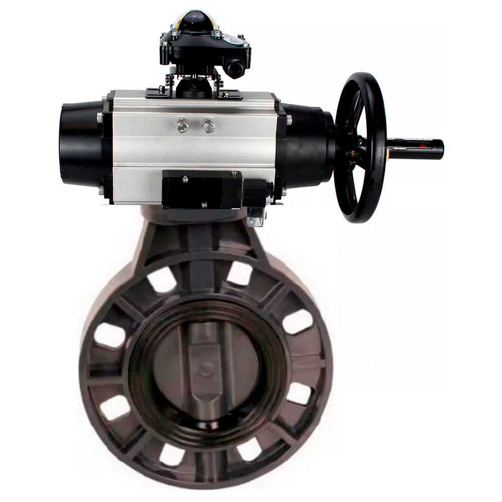 Butterfly valves Elephant WBV4242E-2W-Fb-ISO, body material - UPVC, disc material - UPVC, seal - EPDM, with pneumatic actuator double action PA-DA-105-1, pneumatic distributor 4M310-08 220V and LSU APL-410N EX