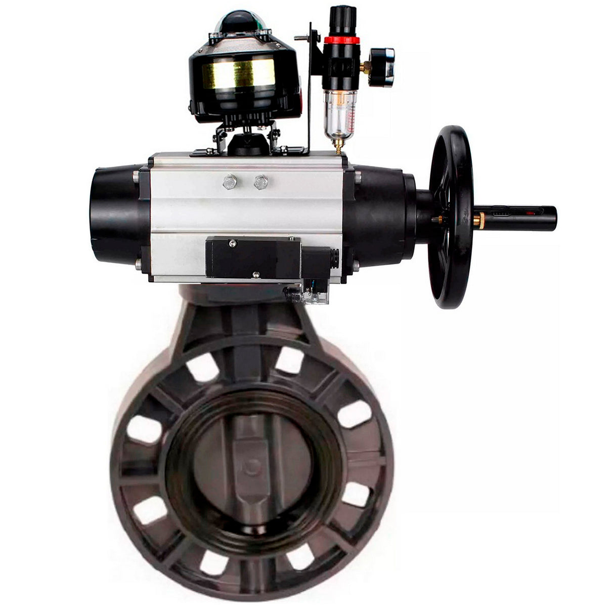 Butterfly valves Elephant WBV4242E-2W-Fb-ISO, body material - UPVC, disc material - UPVC, seal - EPDM, with pneumatic actuator double action PA-DA-105-1, pneumatic distributor 4M310-08 24V, LSU APL-510N EX and ATU AFC2000