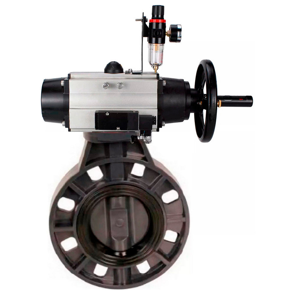 Butterfly valves Elephant WBV4242E-2W-Fb-ISO, body material - UPVC, disc material - UPVC, seal - EPDM, with pneumatic actuator double action PA-DA-105-1, pneumatic distributor 4M310-08 220V and ATU AFC2000