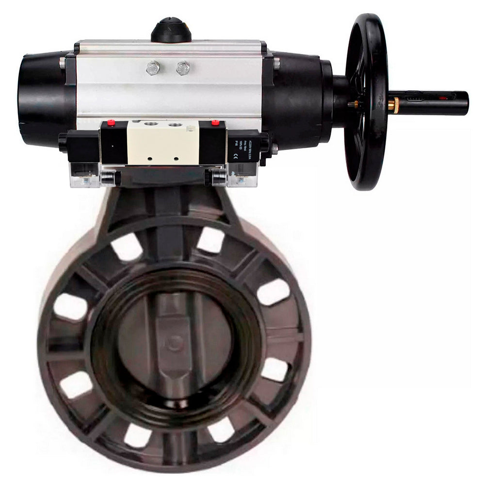 Butterfly valves Elephant WBV4242E-2W-Fb-ISO, body material - UPVC, disc material - UPVC, seal - EPDM, with pneumatic actuator double action PA-DA-105-1 and pneumatic distributor 4V320-10 220V