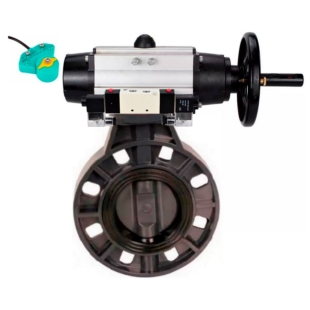Butterfly valves Elephant WBV4242E-2W-Fb-ISO, body material - UPVC, disc material - UPVC, seal - EPDM, with pneumatic actuator double action PA-DA-105-1, pneumatic distributor 4V320-10 220V and magnetic switch ALS200D