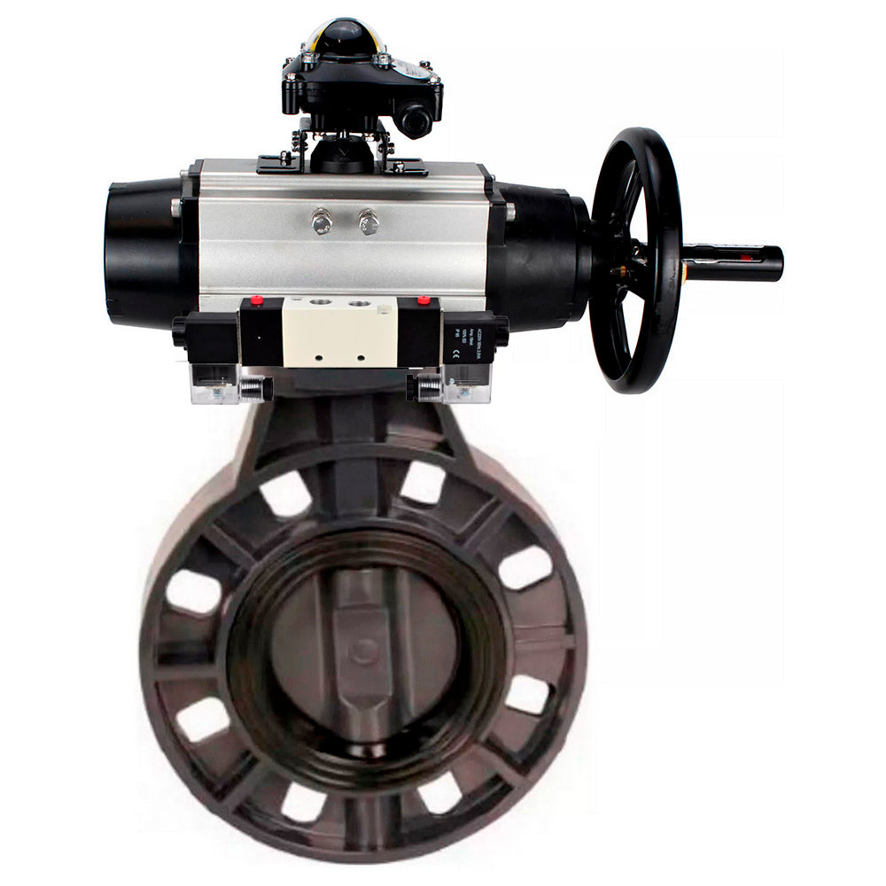Butterfly valves Elephant WBV4242E-2W-Fb-ISO, body material - UPVC, disc material - UPVC, seal - EPDM, with pneumatic actuator double action PA-DA-105-1, pneumatic distributor 4V320-08 220V and LSU APL-510N EX