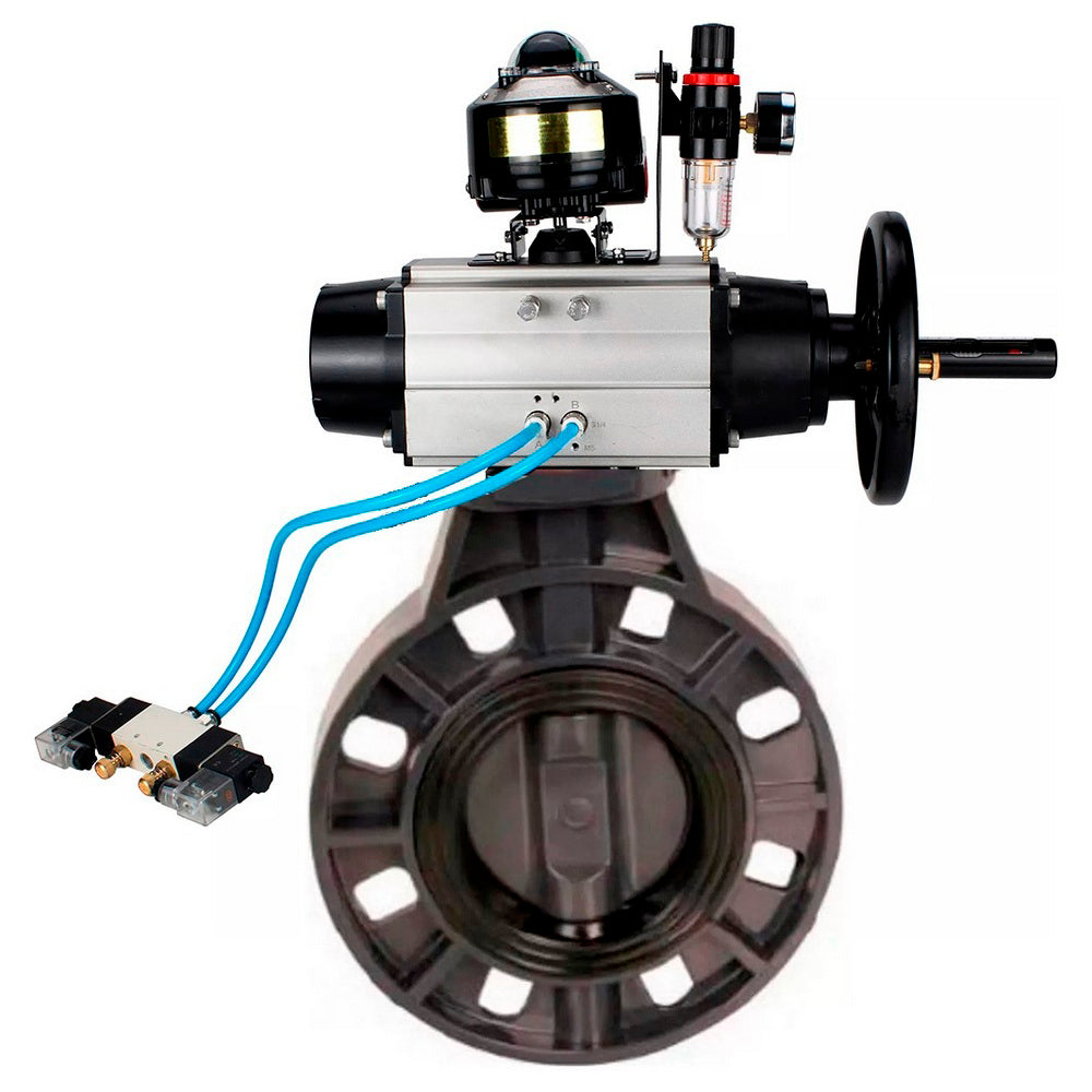 Butterfly valves Elephant WBV4242E-2W-Fb-ISO, body material - UPVC, disc material - UPVC, seal - EPDM, with pneumatic actuator double action PA-DA-105-1, pneumatic distributor 4V320-08 220V, LSU APL-410N EX and ATU AFC2000
