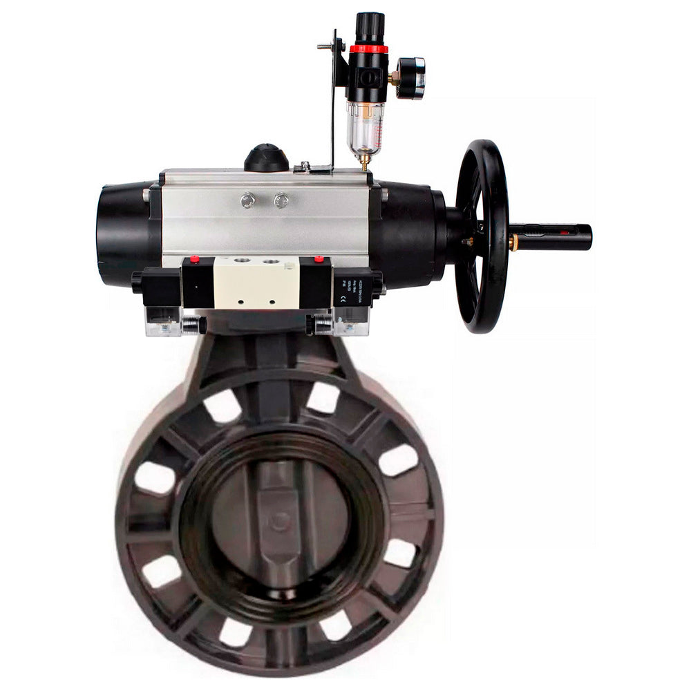 Butterfly valves Elephant WBV4242E-2W-Fb-ISO, body material - UPVC, disc material - UPVC, seal - EPDM, with pneumatic actuator double action PA-DA-105-1, pneumatic distributor 4V320-08 220V and ATU AFC2000
