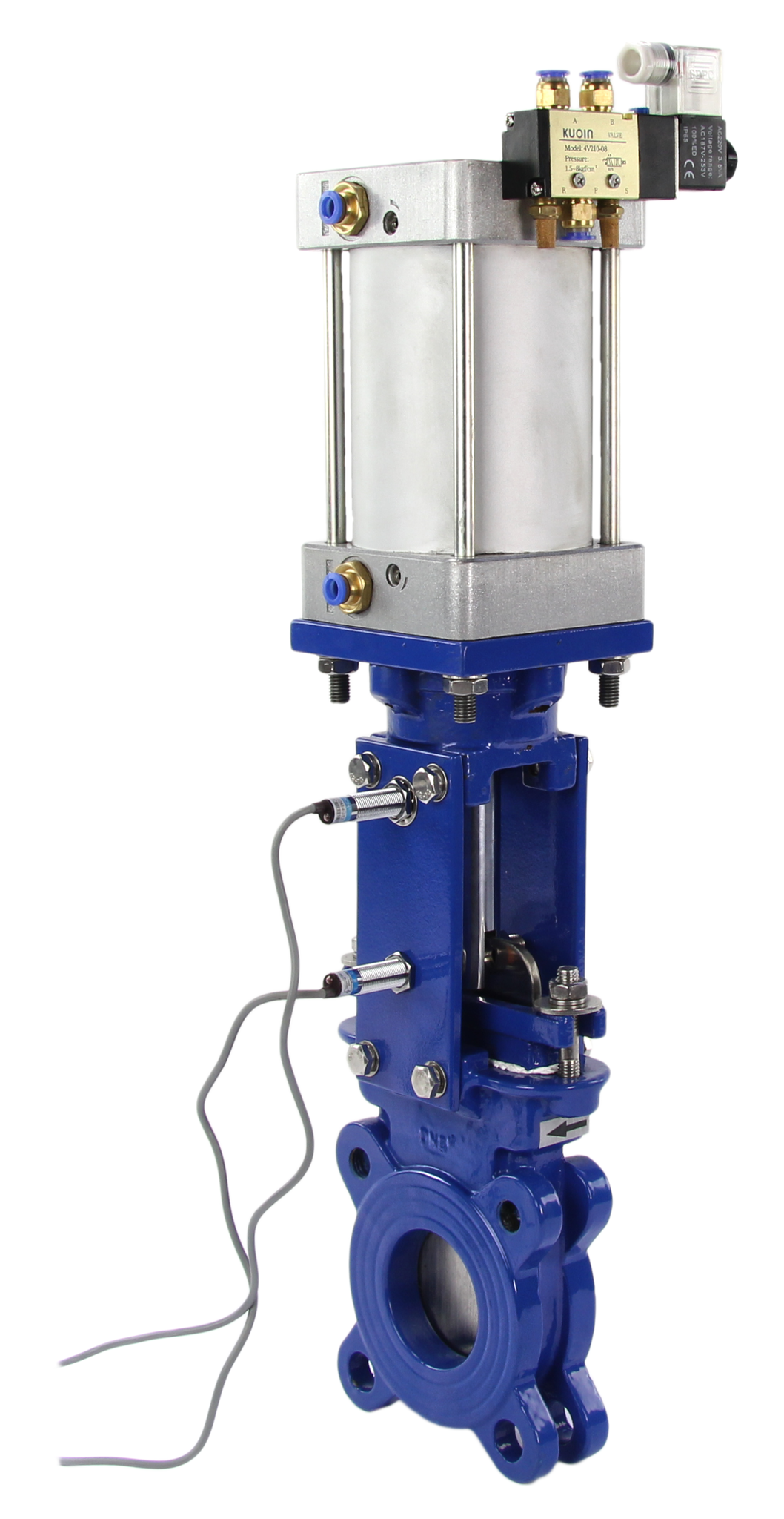 Vanne à guillotine type wafer Elephant GGG40-SS304-EPDM-2W-DA PSI145 Classe 125 avec actionneur pneumatique, électrovanne pneumatique 4V210-08 110/220V et capteurs inductifs LJ12A3-4-J/EZ 110/220V