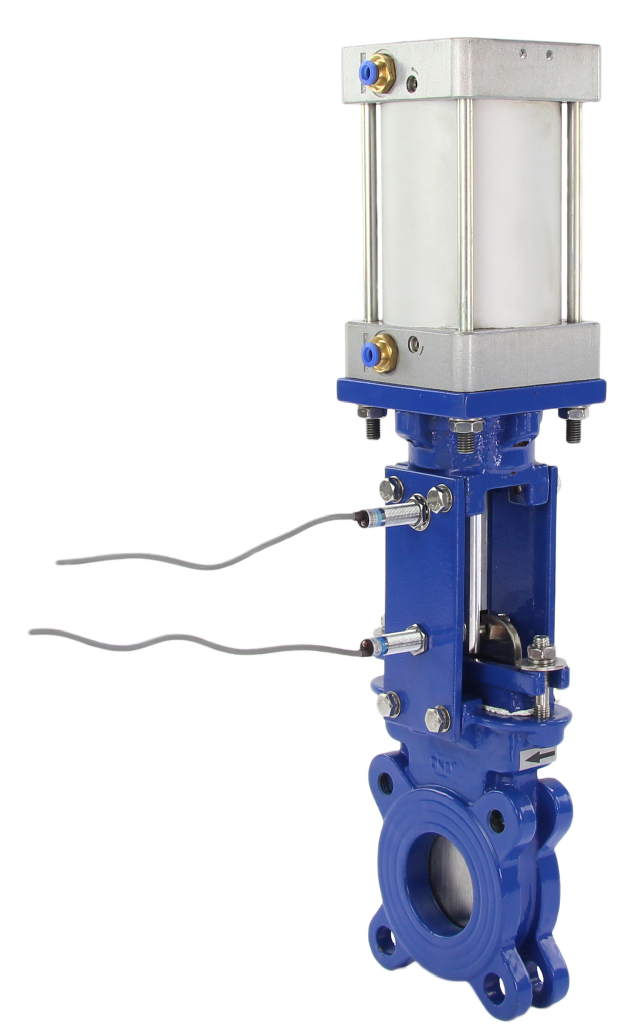 Vanne à guillotine type wafer Elephant WCB-SS304-1W-DA PSI145 METAL Classe 125 avec actionneur pneumatique, électrovanne pneumatique 4V210-08 24V et capteurs inductifs LJ12A3-4-J/EZ 24V