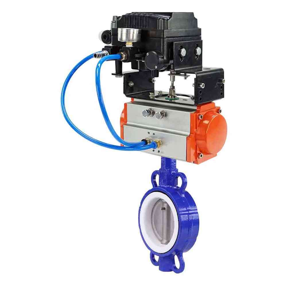 Vanne papillon d'eau Elephant st-316l-ptfe-elephant-sa-yt1000rsi, matériau du corps - acier au carbone WCB, matériau du disque - acier inoxydable AISI 316L, joint - PTFE, actionné par actionneur pneumatique
