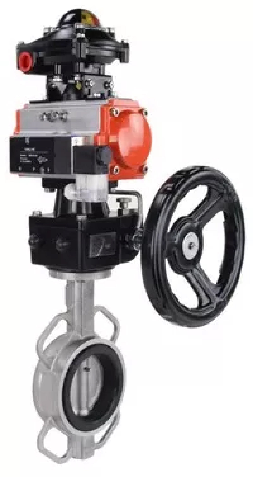 Vanne papillon d'eau Elephant WBV3232N-2W-Fb-H, matériau du corps - acier inoxydable AISI 316L, matériau du disque - acier inoxydable AISI 316L, joint - NBR, avec actionneur pneumatique double effet PA-DA, 4V320-08 220V, volant MON