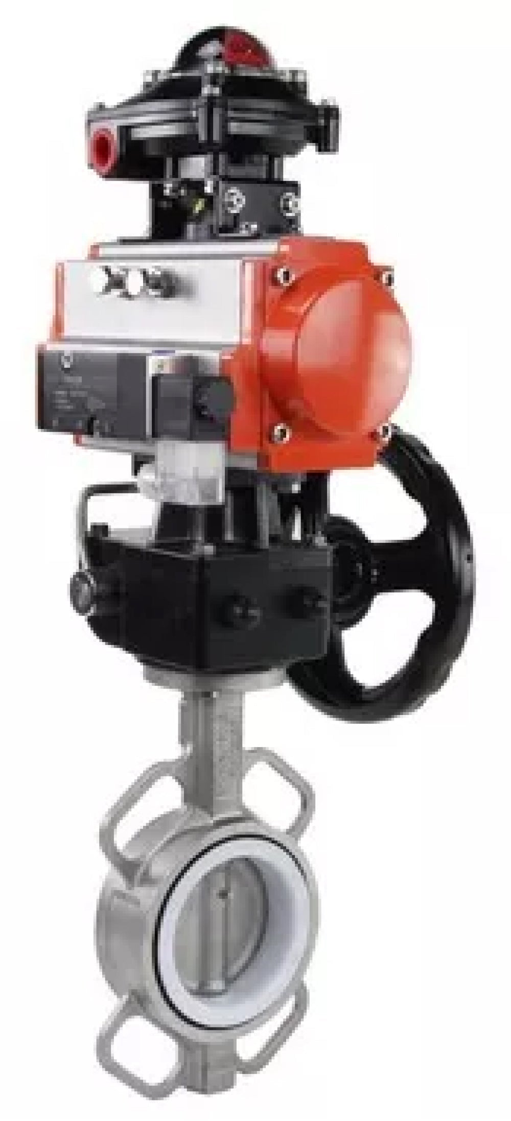 Vanne papillon d'eau Elephant WBV3232P-2W-Fb-H, matériau du corps - acier inoxydable AISI 316L, matériau du disque - acier inoxydable AISI 316L, joint - PTFE, avec actionneur pneumatique double effet PA-DA, 4V320-08 220V, volant MON, BKV APL-410N EX