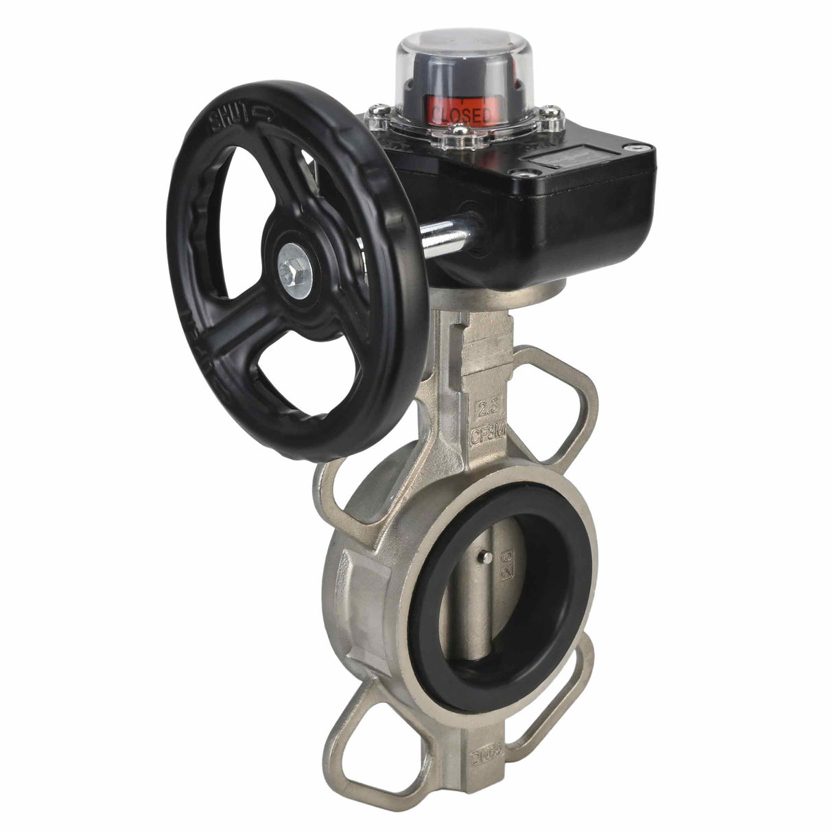 Vanne papillon d'eau Elephant 316L-316L-VITON matériau du corps - acier inoxydable AISI 316L, matériau du disque - acier inoxydable AISI 316L, joint - Viton avec engrenage Elephant HGB, avec indicateur de position