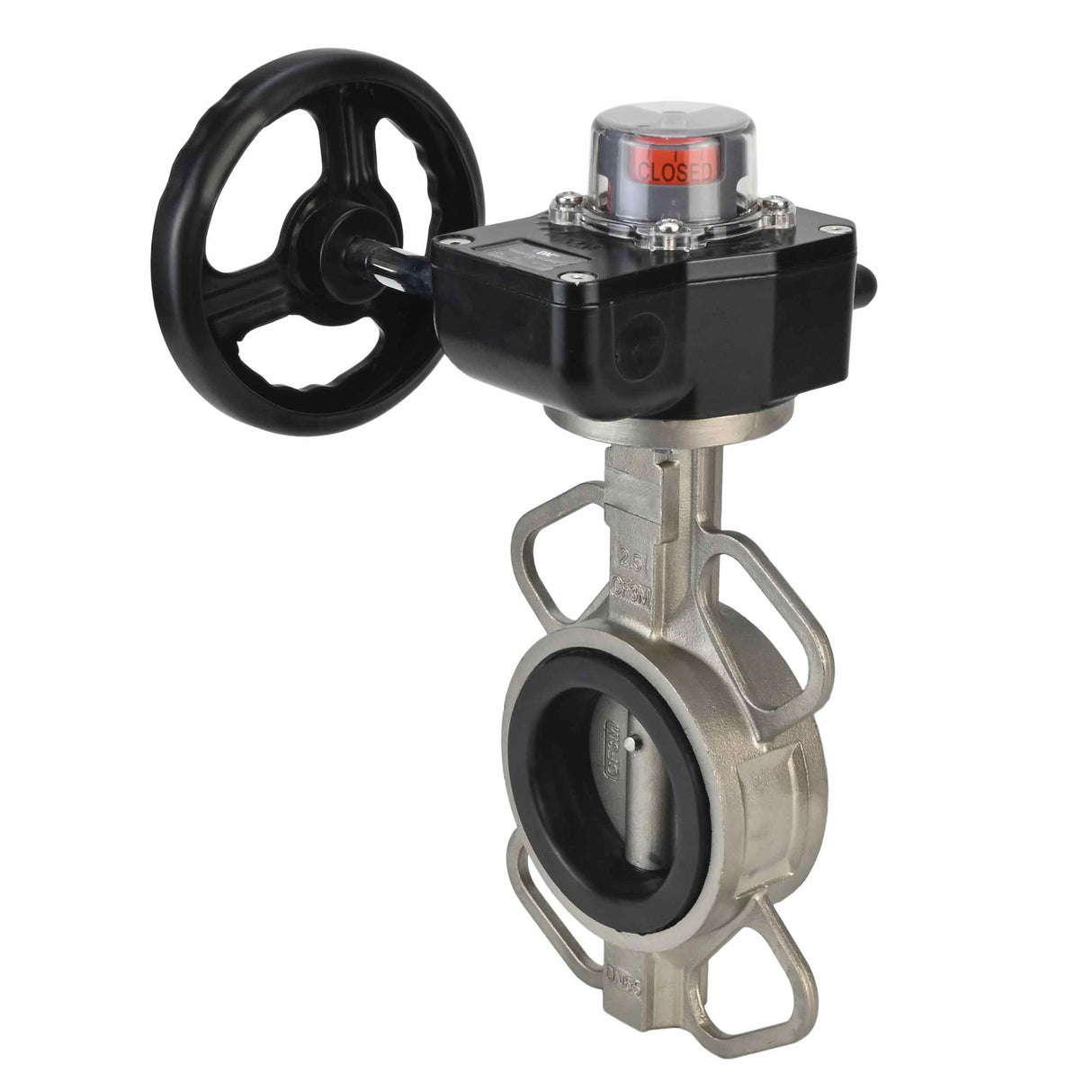 Vanne papillon d'eau Elephant 316L-316L-VITON matériau du corps - acier inoxydable AISI 316L, matériau du disque - acier inoxydable AISI 316L, joint - Viton avec engrenage Elephant HGB, avec indicateur de position