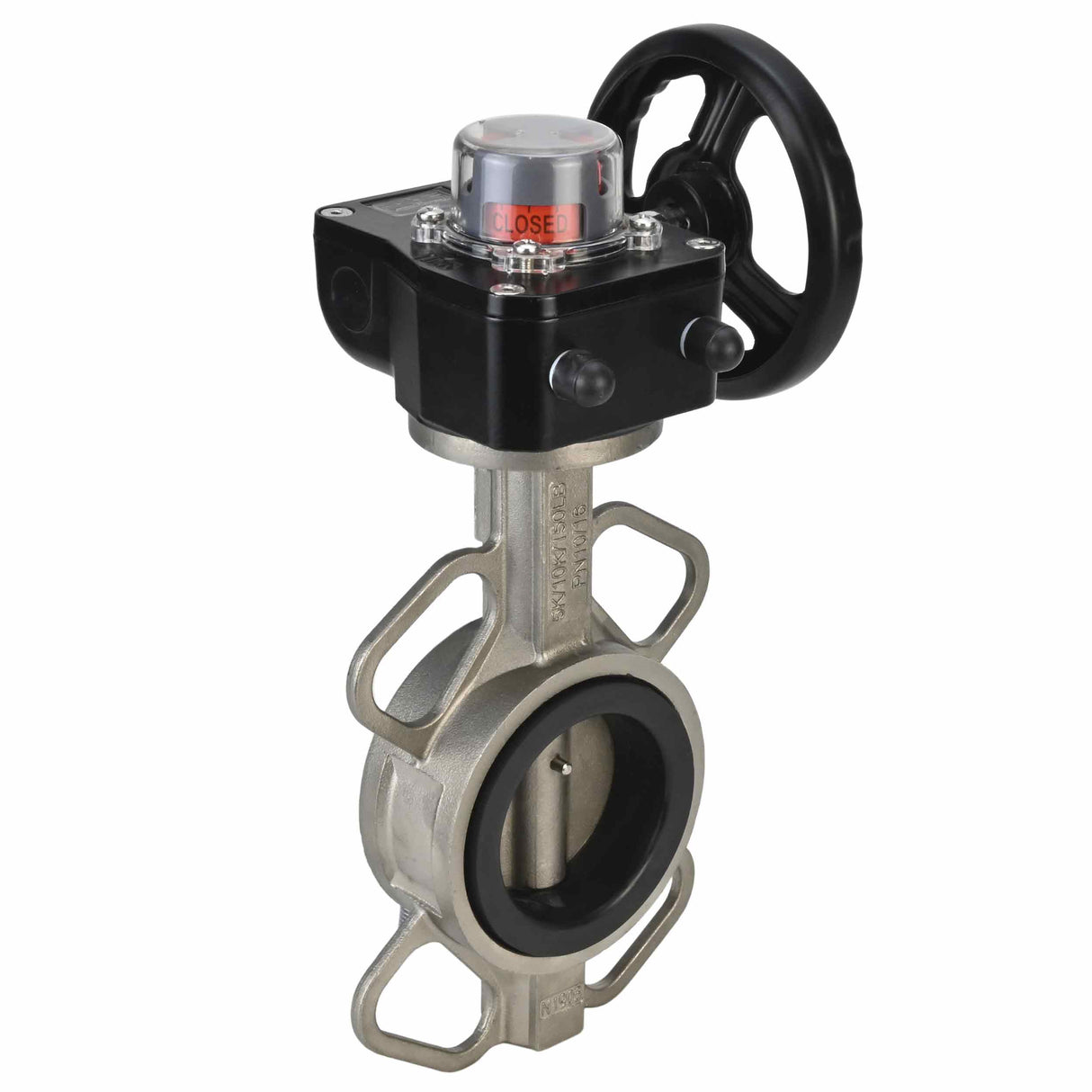 Vanne papillon d'eau Elephant 316L-316L-VITON matériau du corps - acier inoxydable AISI 316L, matériau du disque - acier inoxydable AISI 316L, joint - Viton avec engrenage Elephant HGB, avec indicateur de position