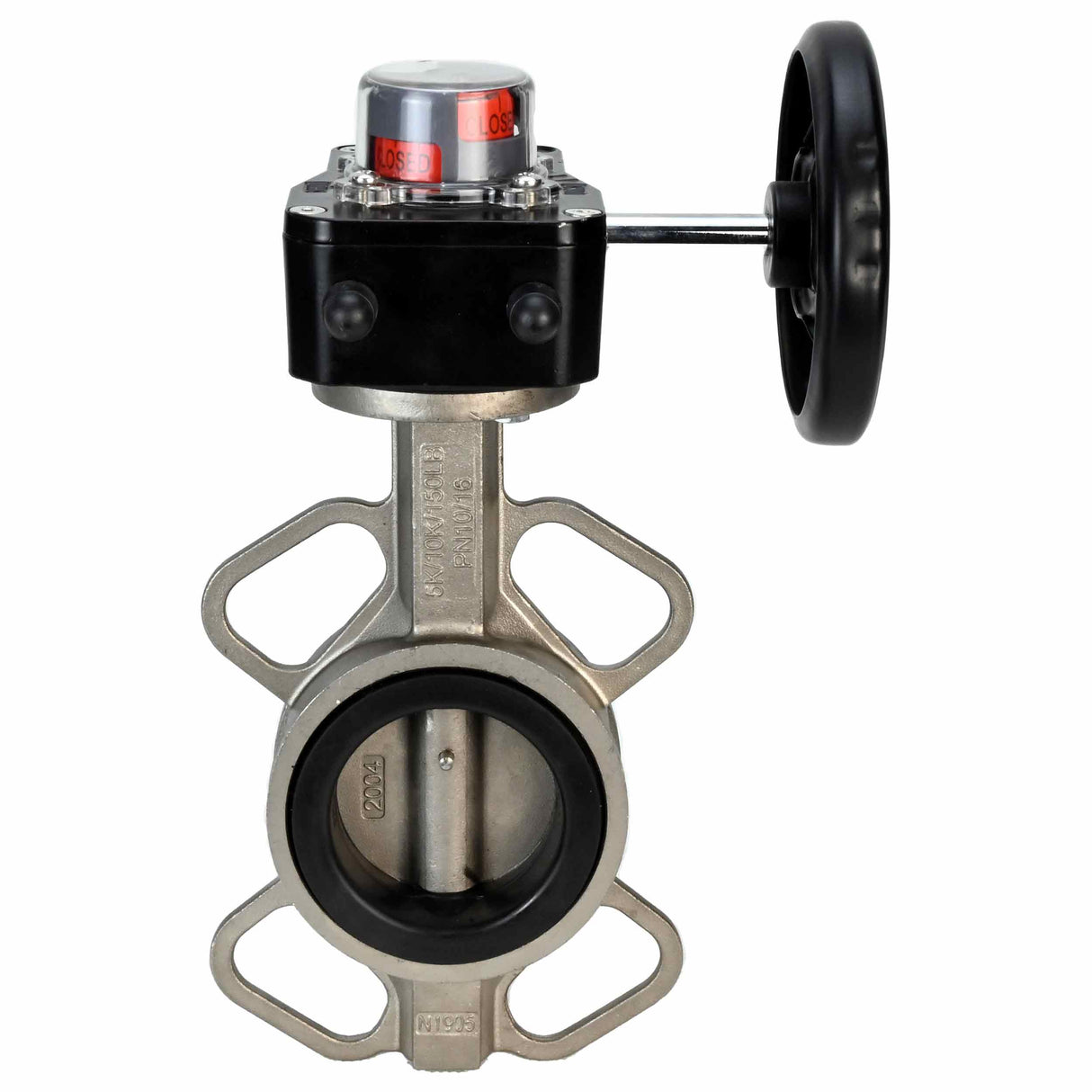 Vanne papillon d'eau Elephant 316L-316L-VITON matériau du corps - acier inoxydable AISI 316L, matériau du disque - acier inoxydable AISI 316L, joint - Viton avec engrenage Elephant HGB, avec indicateur de position