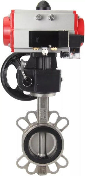 Vanne papillon d'eau Elephant WBV3232V-2W-Fb-H, matériau du corps - acier inoxydable AISI 316L, matériau du disque - acier inoxydable AISI 316L, joint - Viton, avec actionneur pneumatique double effet PA-DA, 4V320-08 220V, volant MON