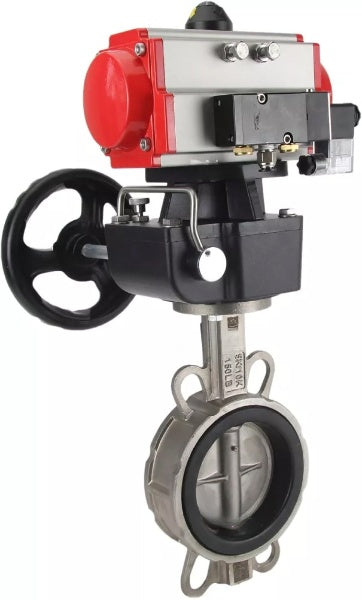 Vanne papillon d'eau Elephant WBV3232V-2W-Fb-H, matériau du corps - acier inoxydable AISI 316L, matériau du disque - acier inoxydable AISI 316L, joint - Viton, avec actionneur pneumatique double effet PA-DA, 4V320-08 220V, volant MON