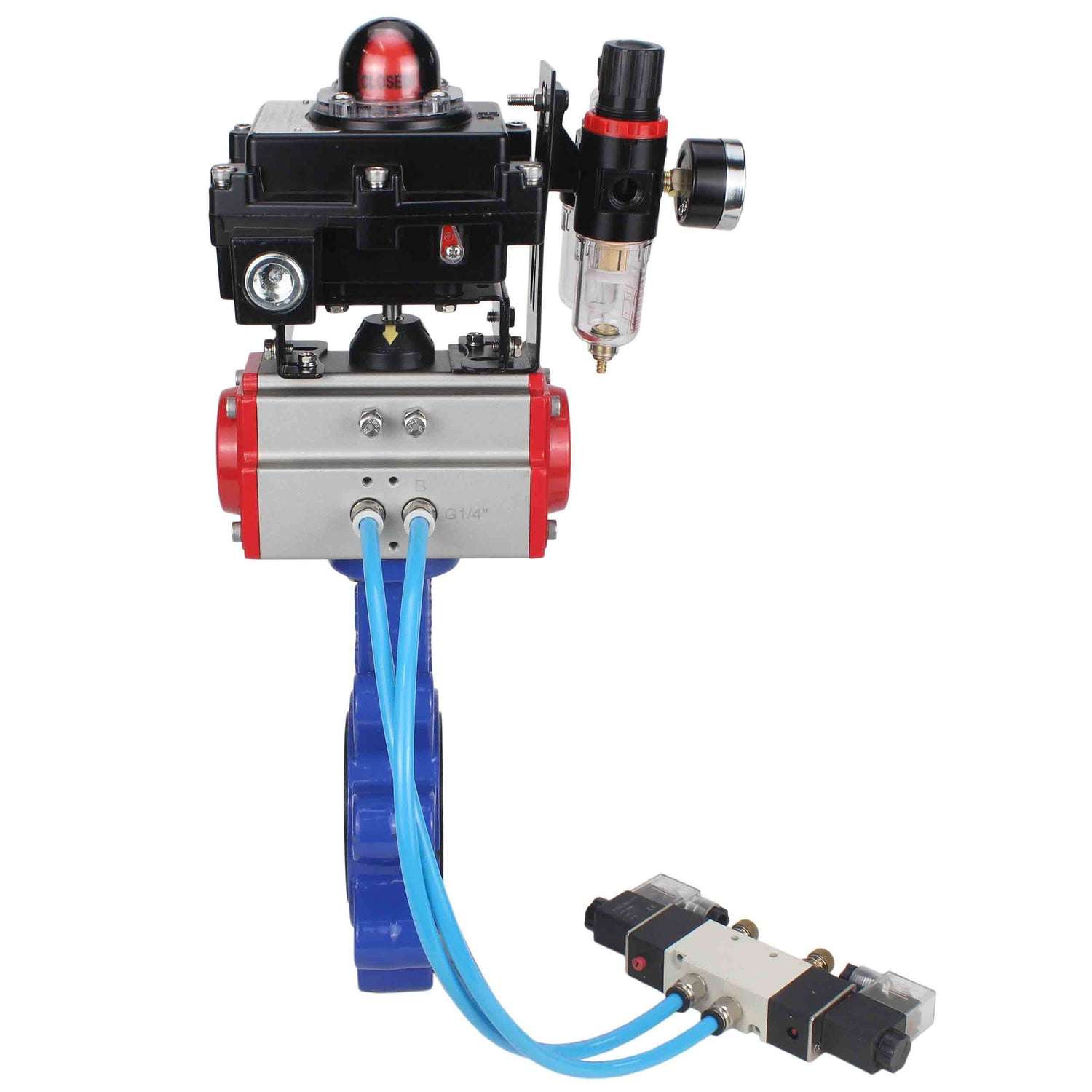 Vanne papillon d'eau Elephant WBV1616E-2W-Fb-H, matériau du corps - fonte QT450, matériau du disque - fonte QT450, joint - EPDM, actionneur pneumatique PA-DA double action, 4V320-10 220V, BKV APL-410N EX BPV AFC2000